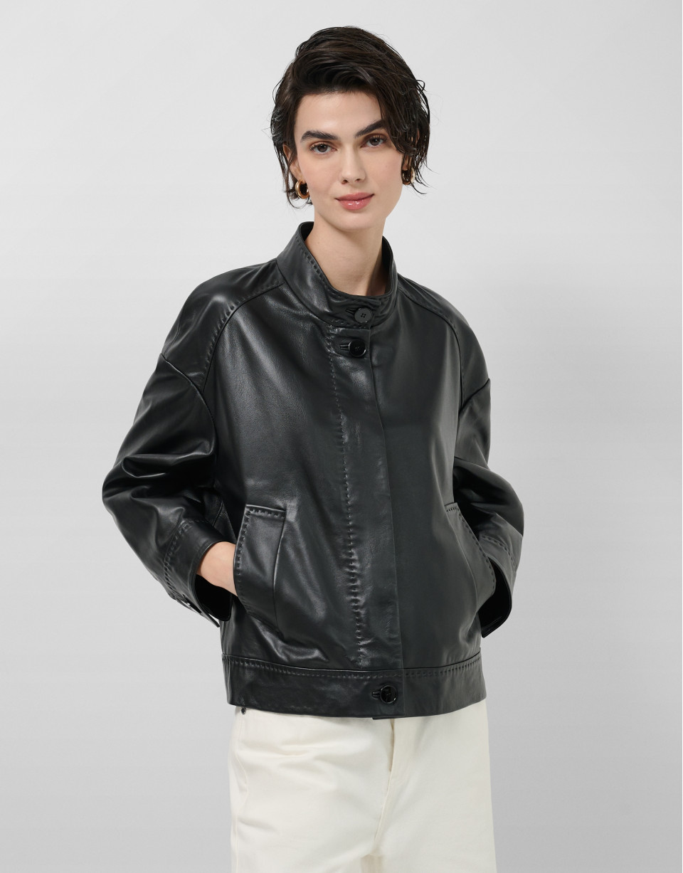 Black nappa leather short jacket with ... | Roberto Verino