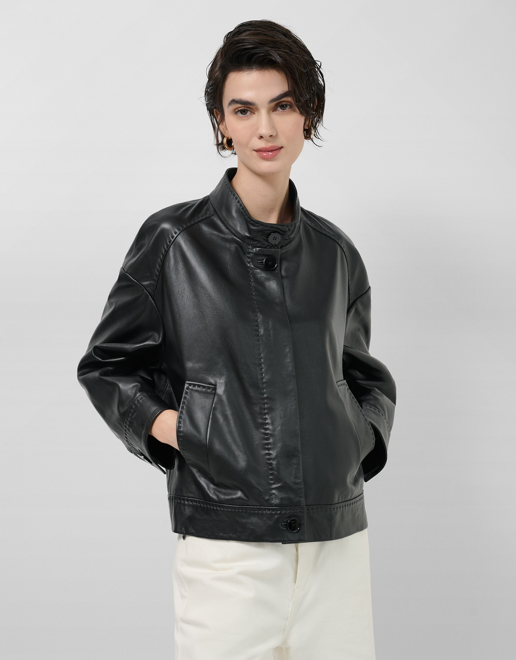 Black nappa leather short jacket with ... | Roberto Verino