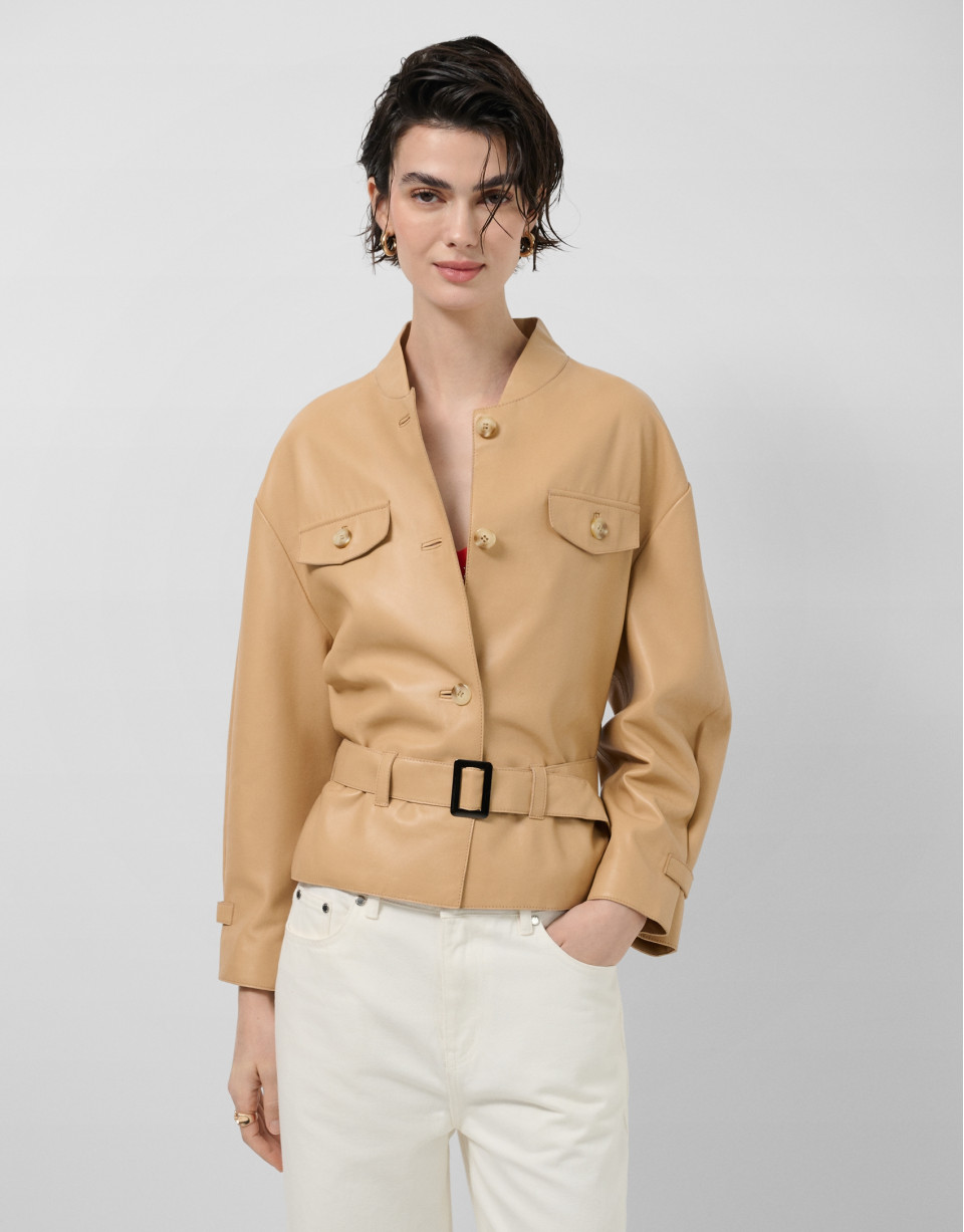 Short camel nappa leather jacket with belt | Roberto Verino