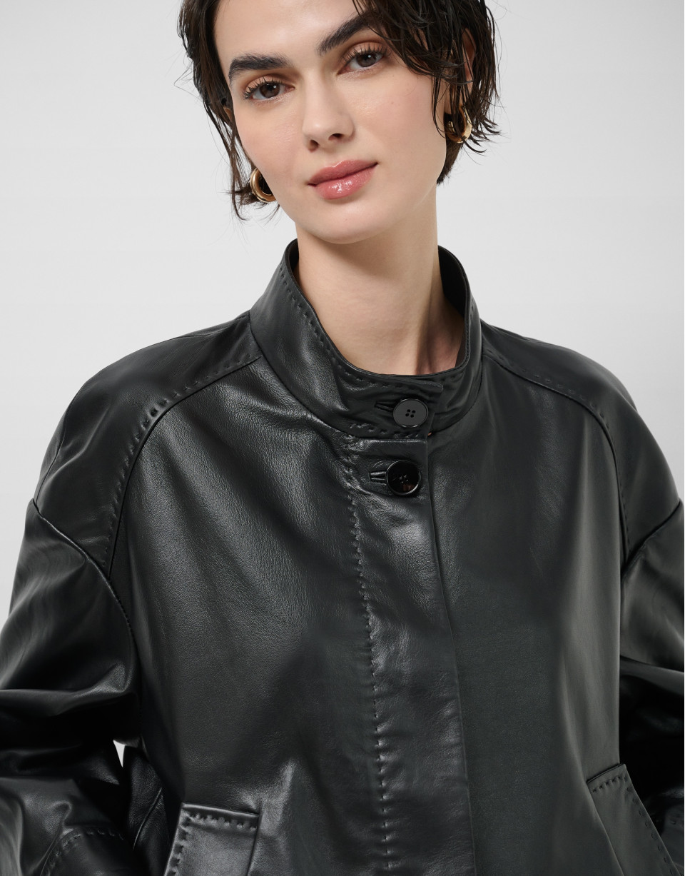 Black nappa leather short jacket with ... | Roberto Verino
