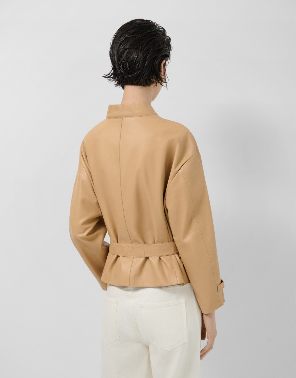 Short camel nappa leather jacket with belt | Roberto Verino