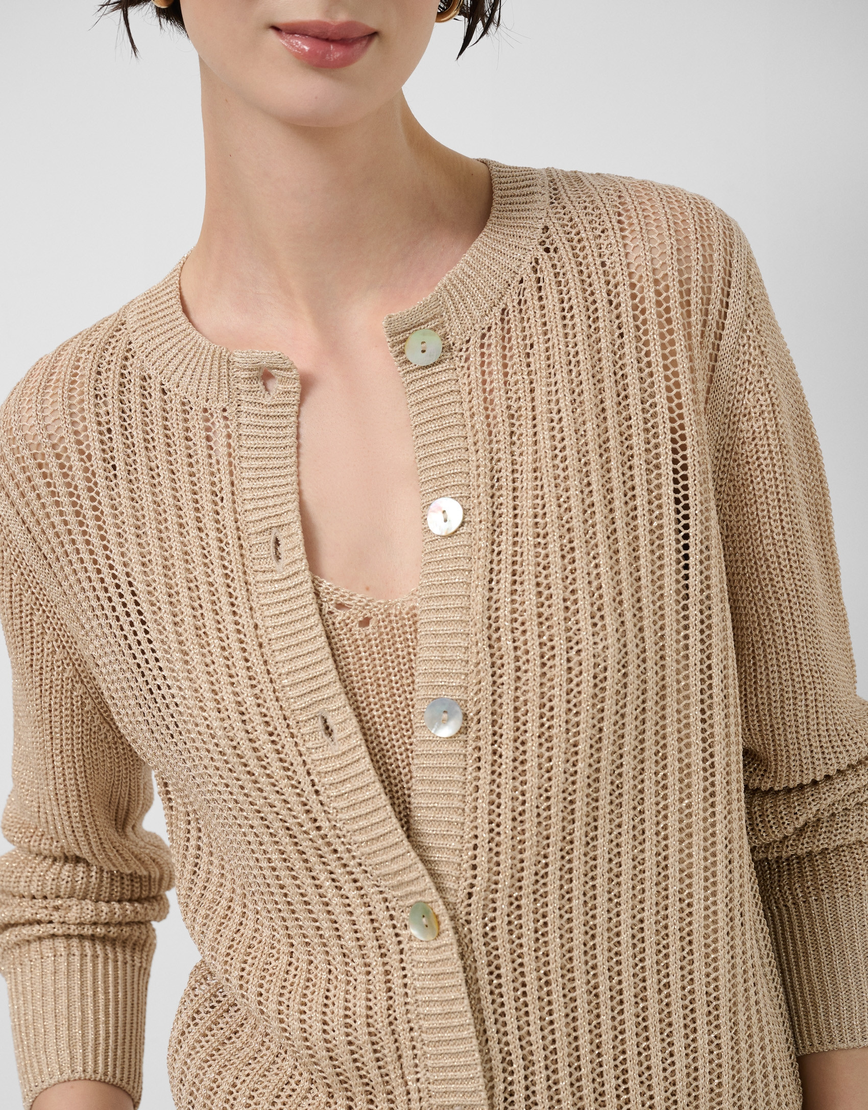 Camel openwork knit cardigan with lurex - Woman | Roberto Verino