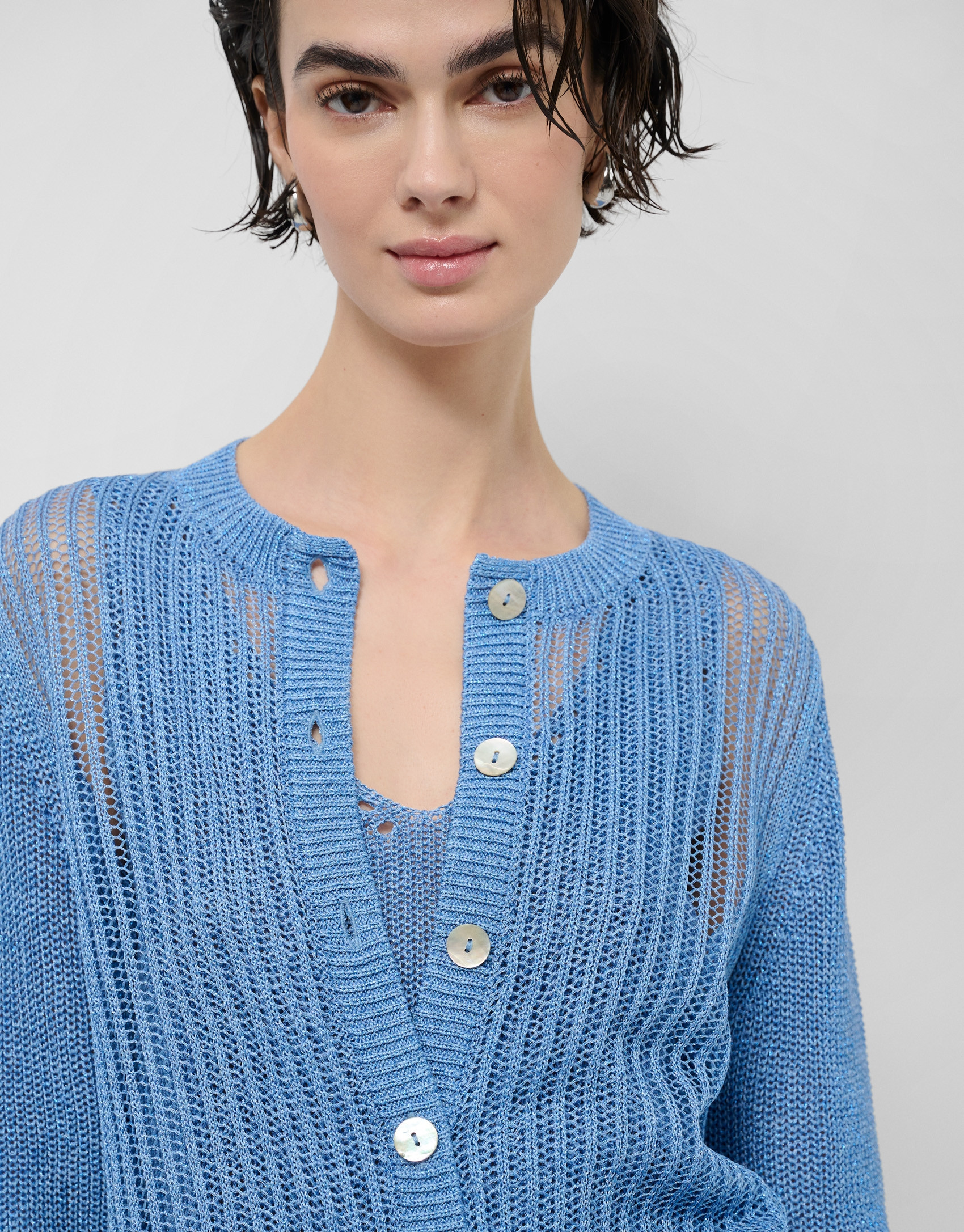 Blue openwork knit cardigan with lurex - Woman | Roberto Verino