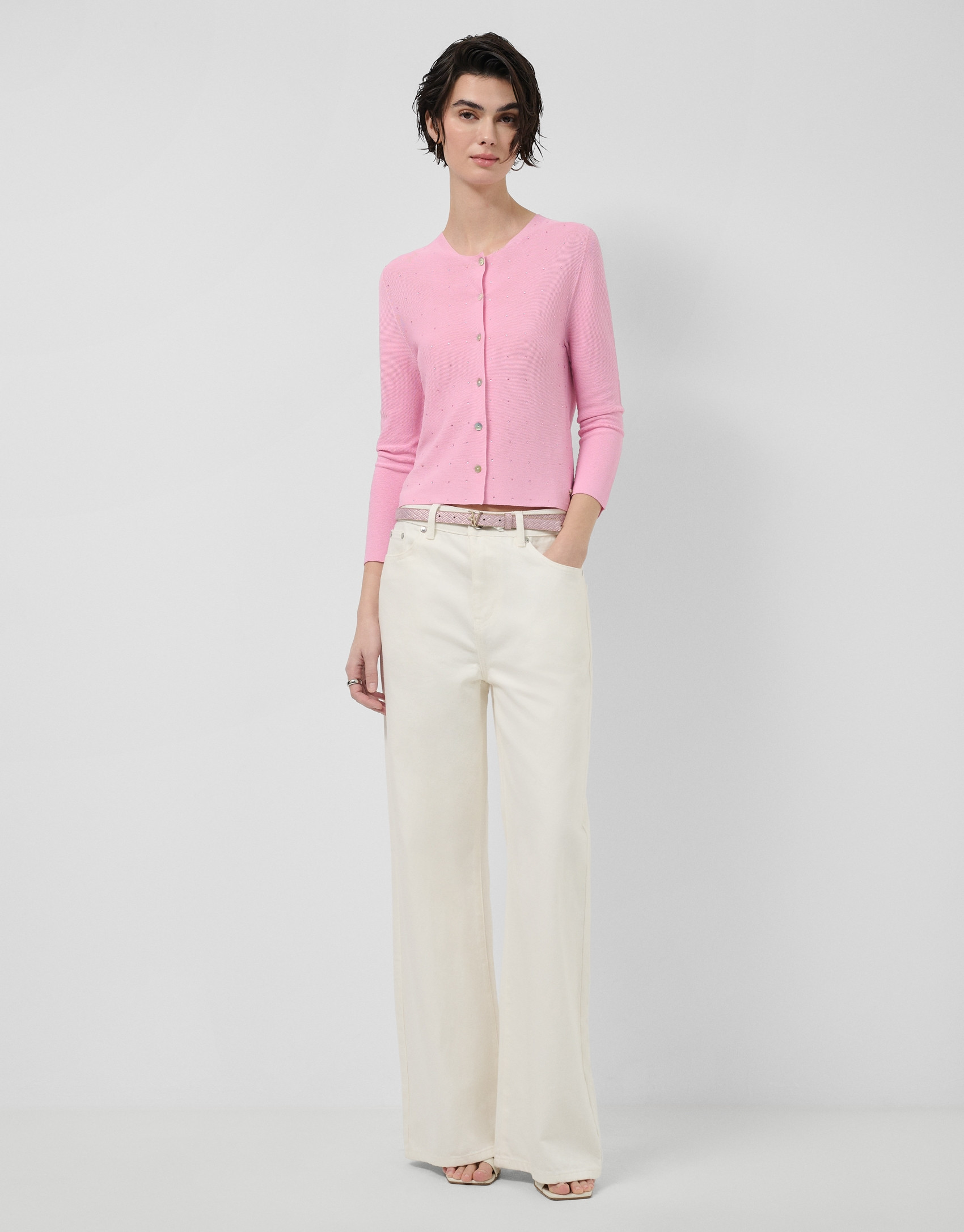 Pink bobble knit short jacket with appliqués | Roberto Verino