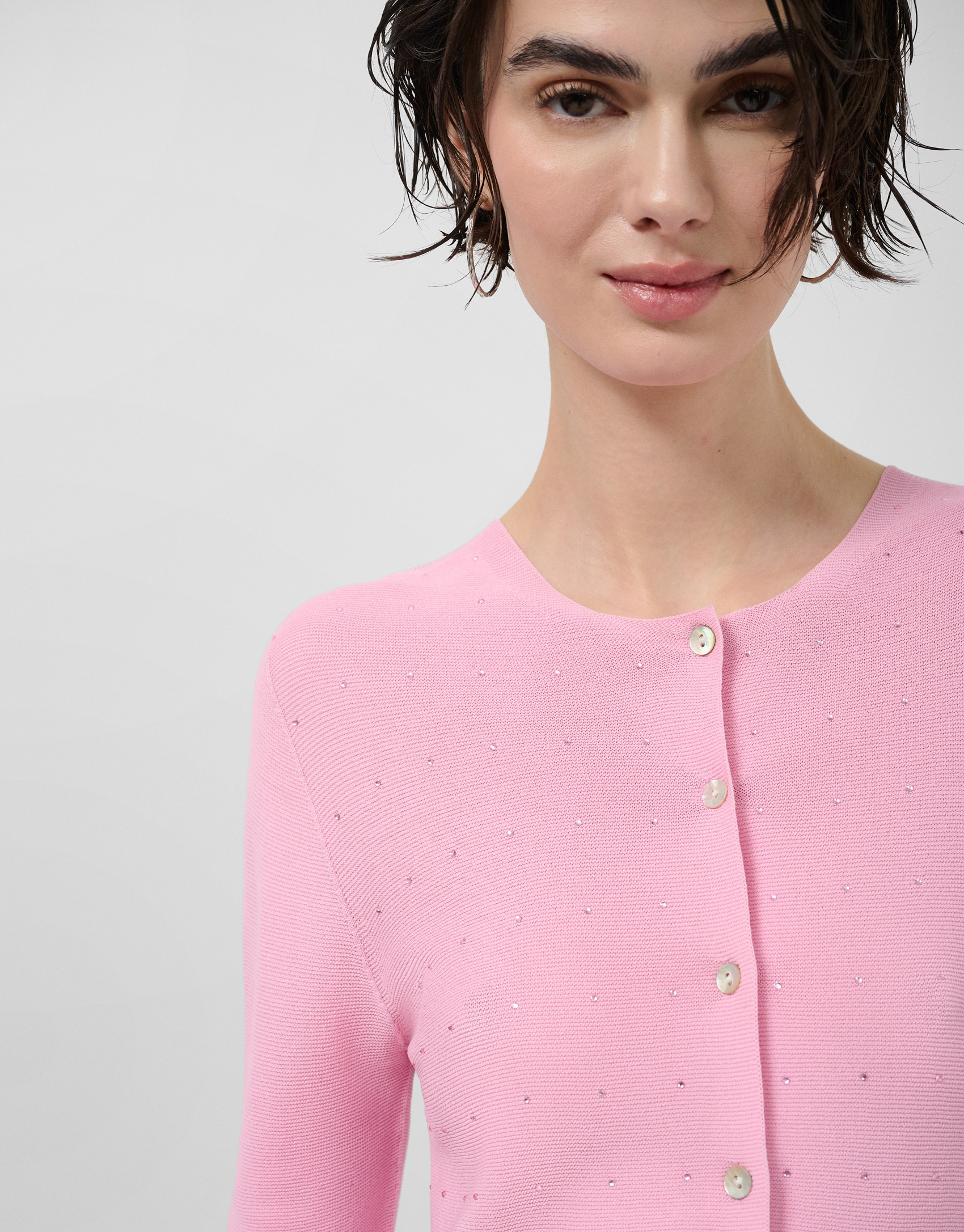 Pink bobble knit short jacket with appliqués | Roberto Verino