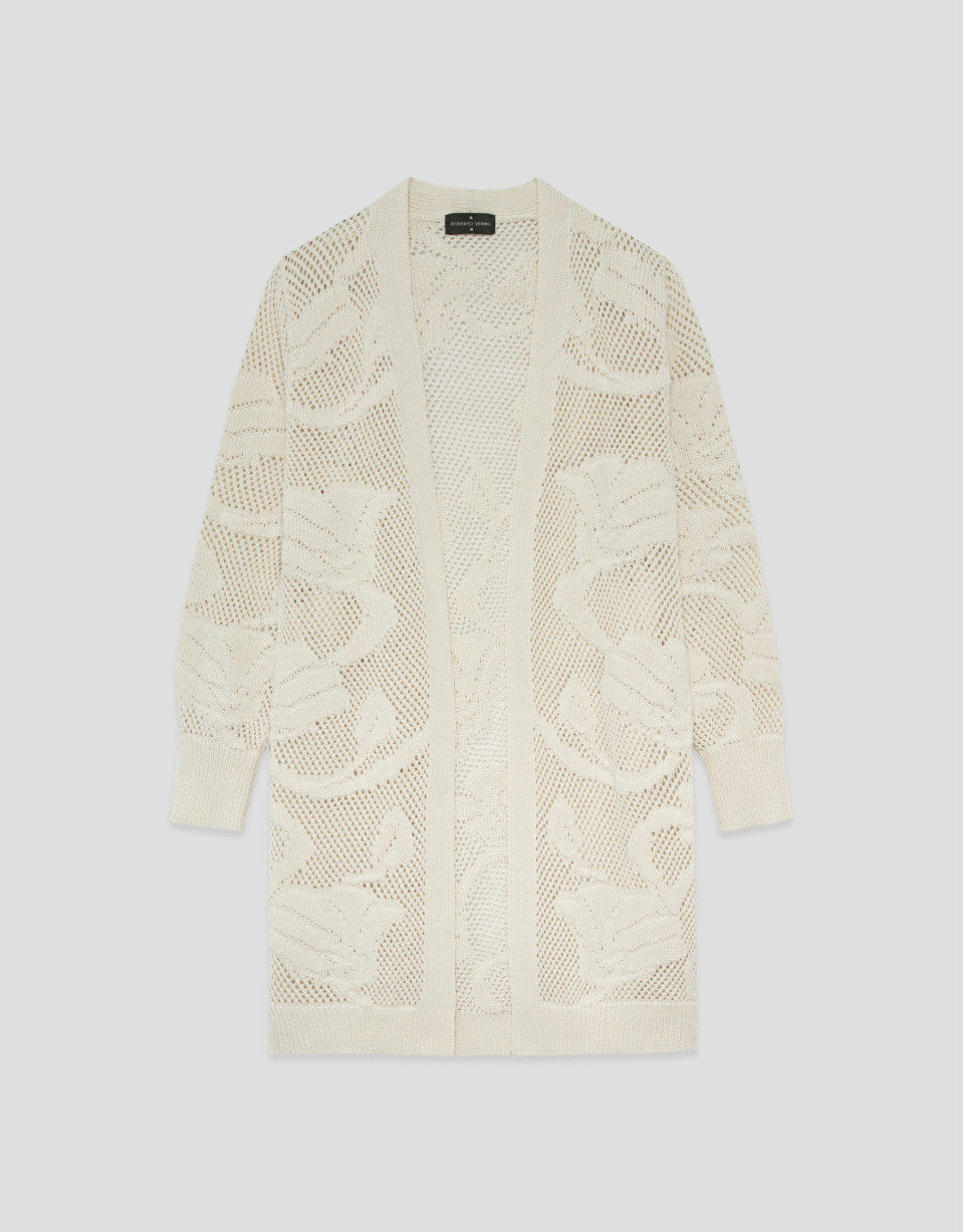 Long beige jacket with floral openwork - Woman | Roberto Verino