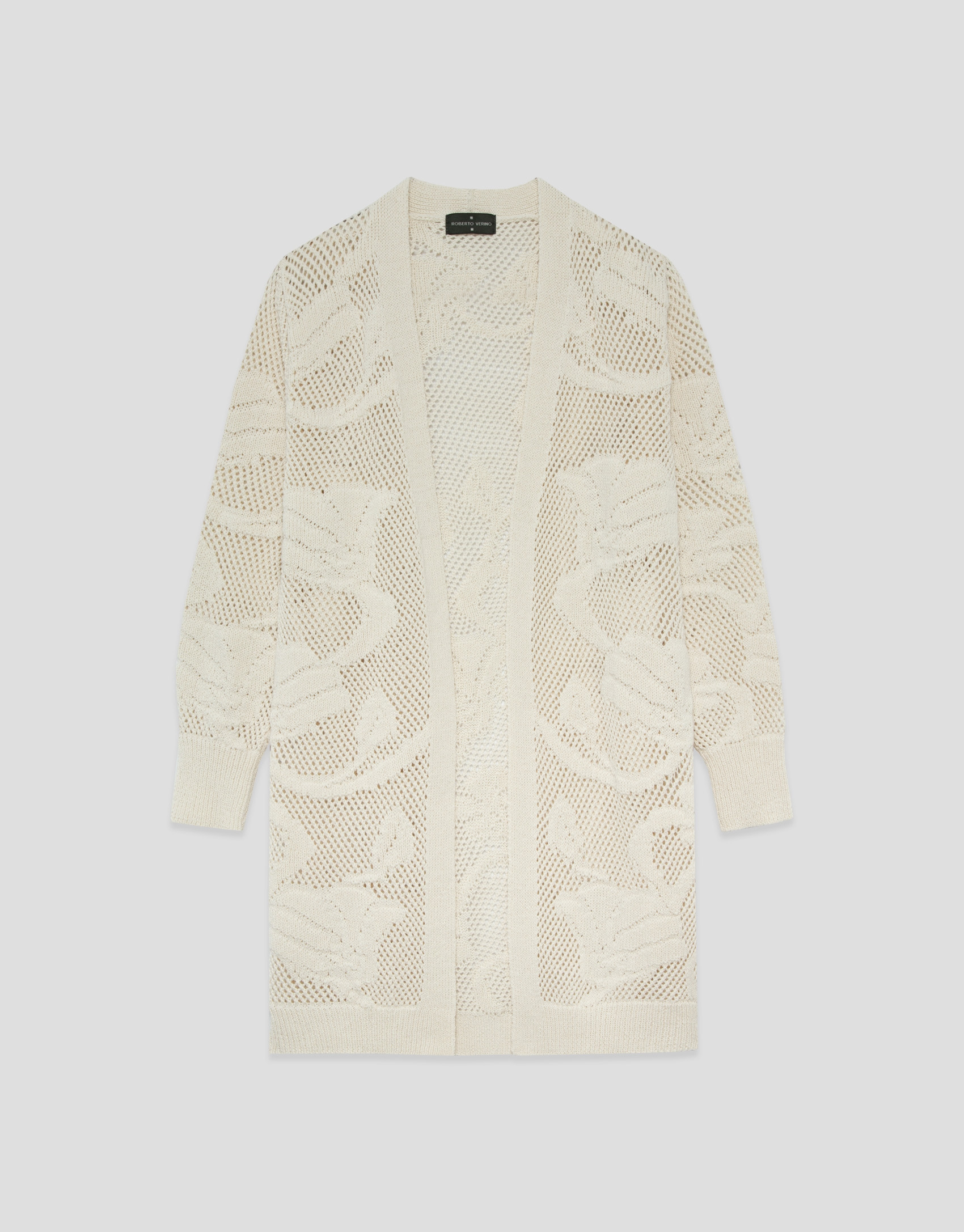 Chaqueta larga beige con calados florales | Roberto Verino