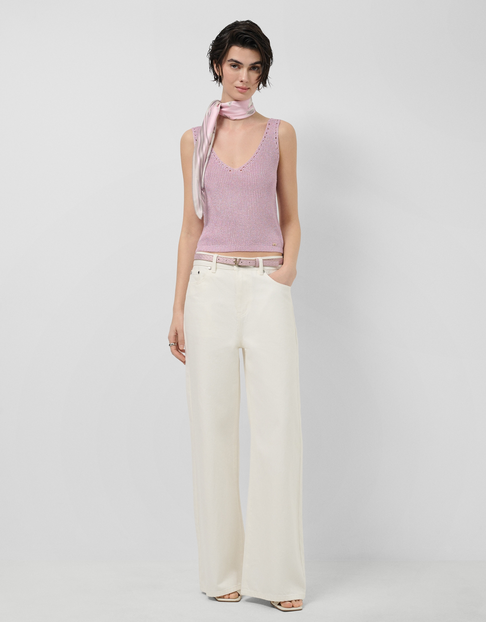 Pink openwork knit crop top with lurex - Woman | Roberto Verino