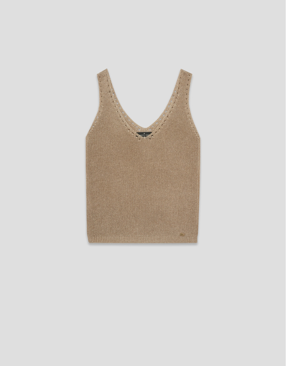 Camel lurex openwork knit top - Woman - SS2026 | Roberto Verino