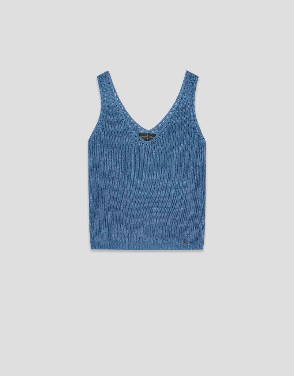 Blue lurex openwork knit top - Woman - SS2026 | Roberto Verino