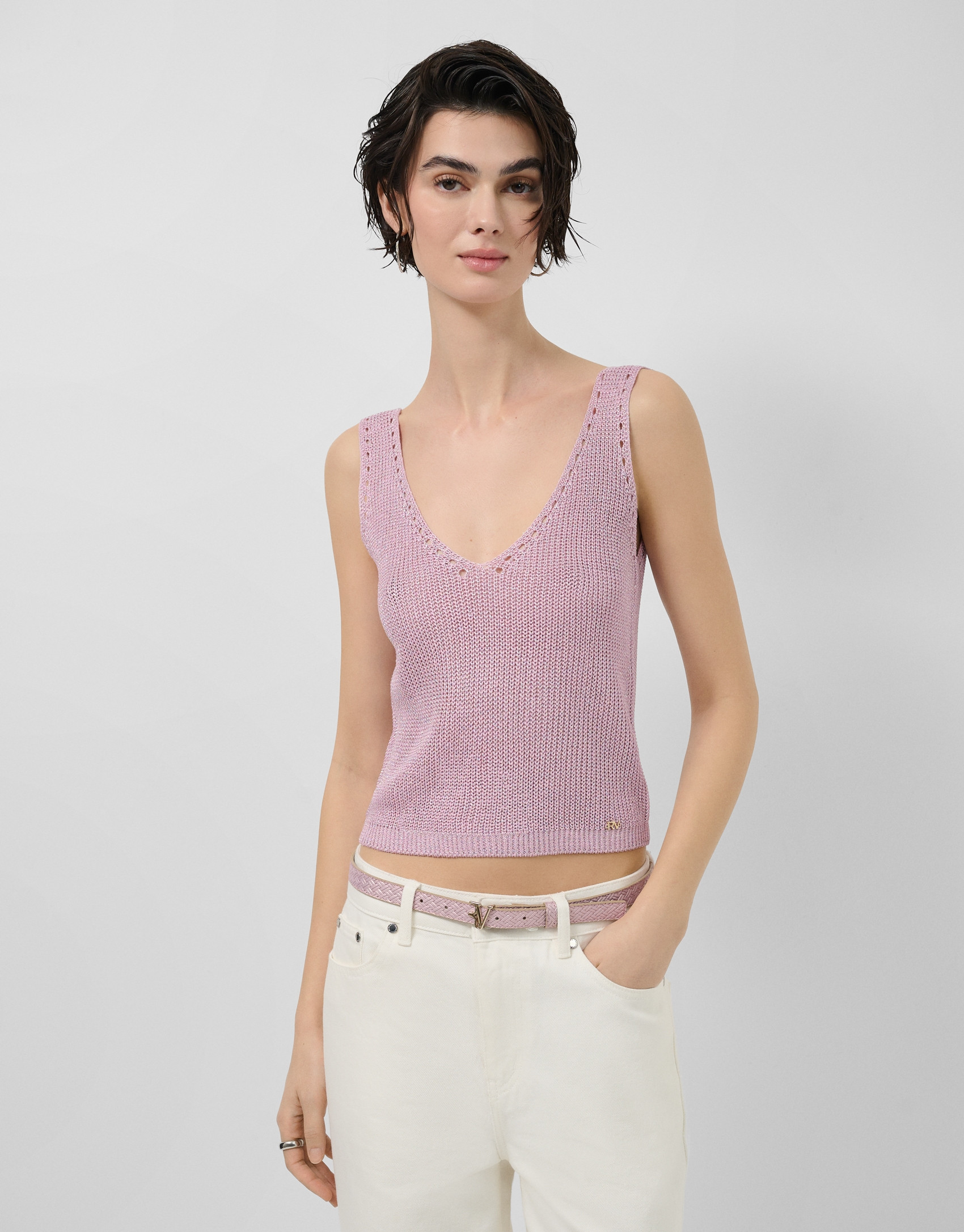 Pink openwork knit crop top with lurex - Woman | Roberto Verino