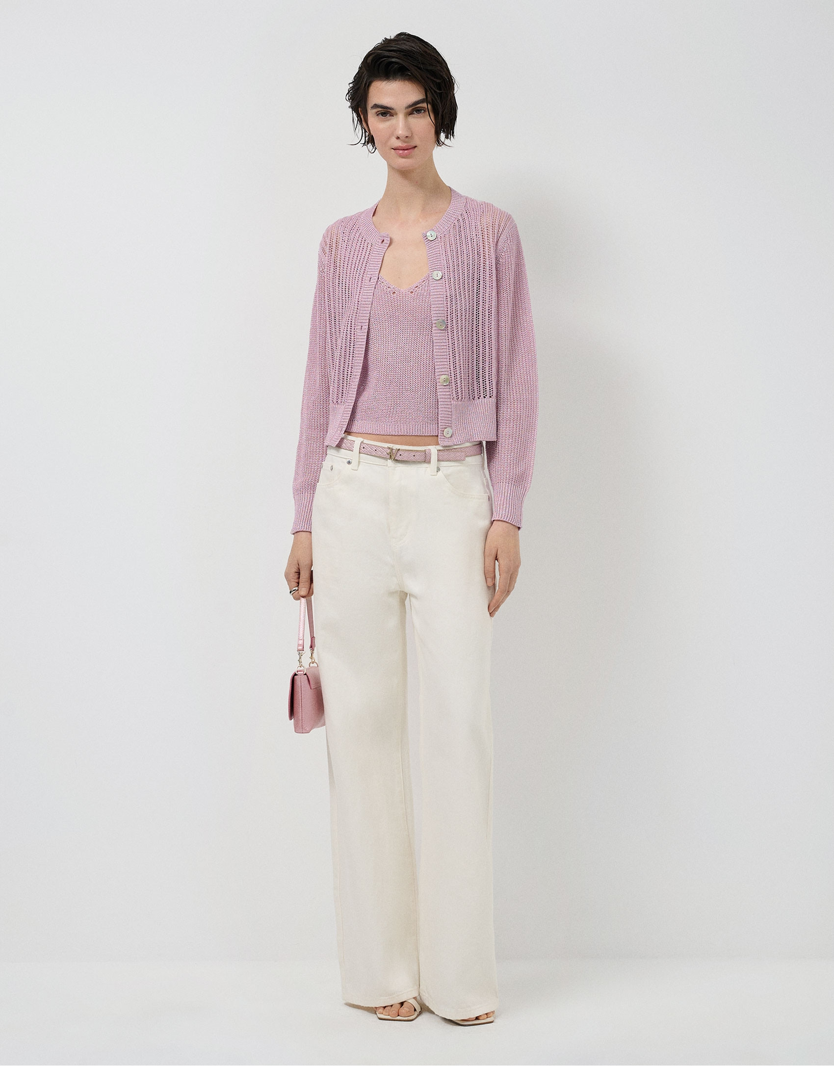Crop top de sisas punto calado con lúrex rosa | Roberto Verino