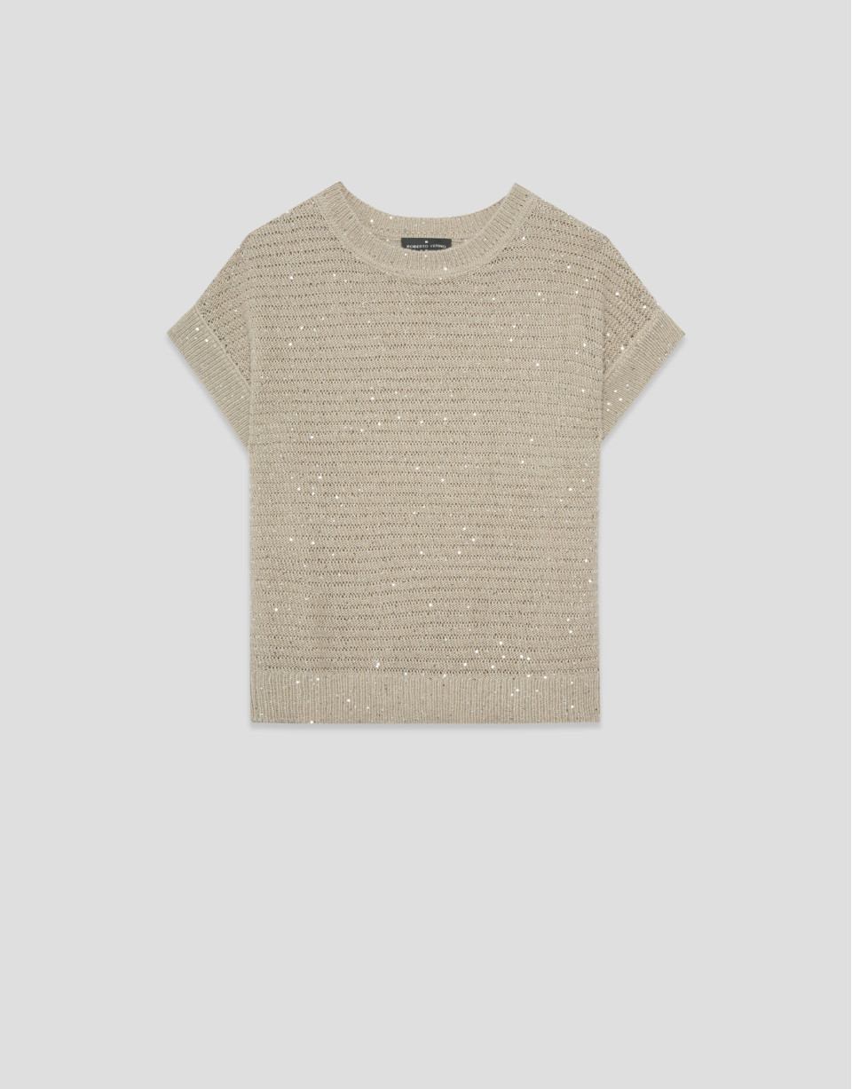 Camel-coloured unstitched linen knit jumper | Roberto Verino