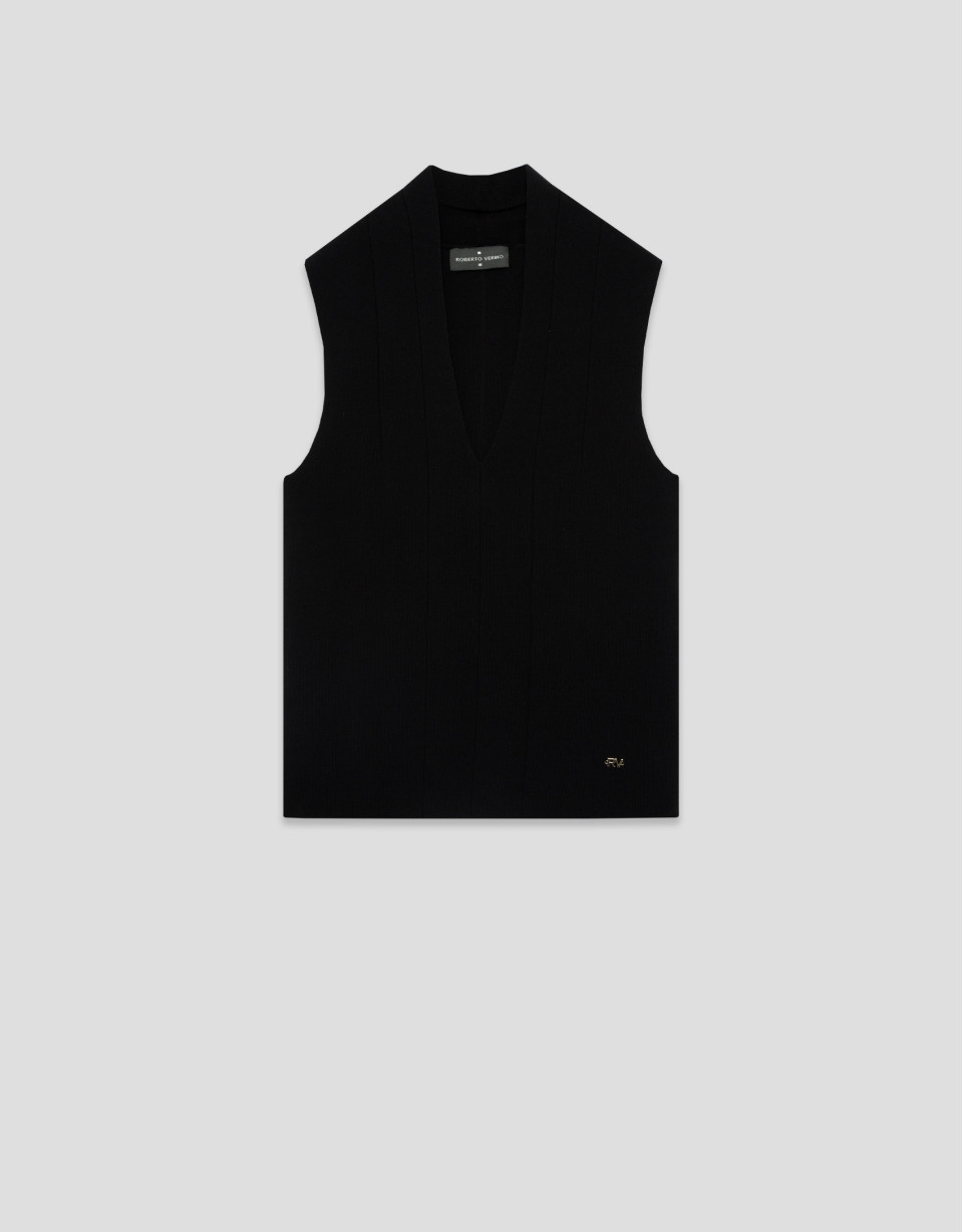 Black V-neck top in plain knit - Woman - SS2026 | Roberto Verino