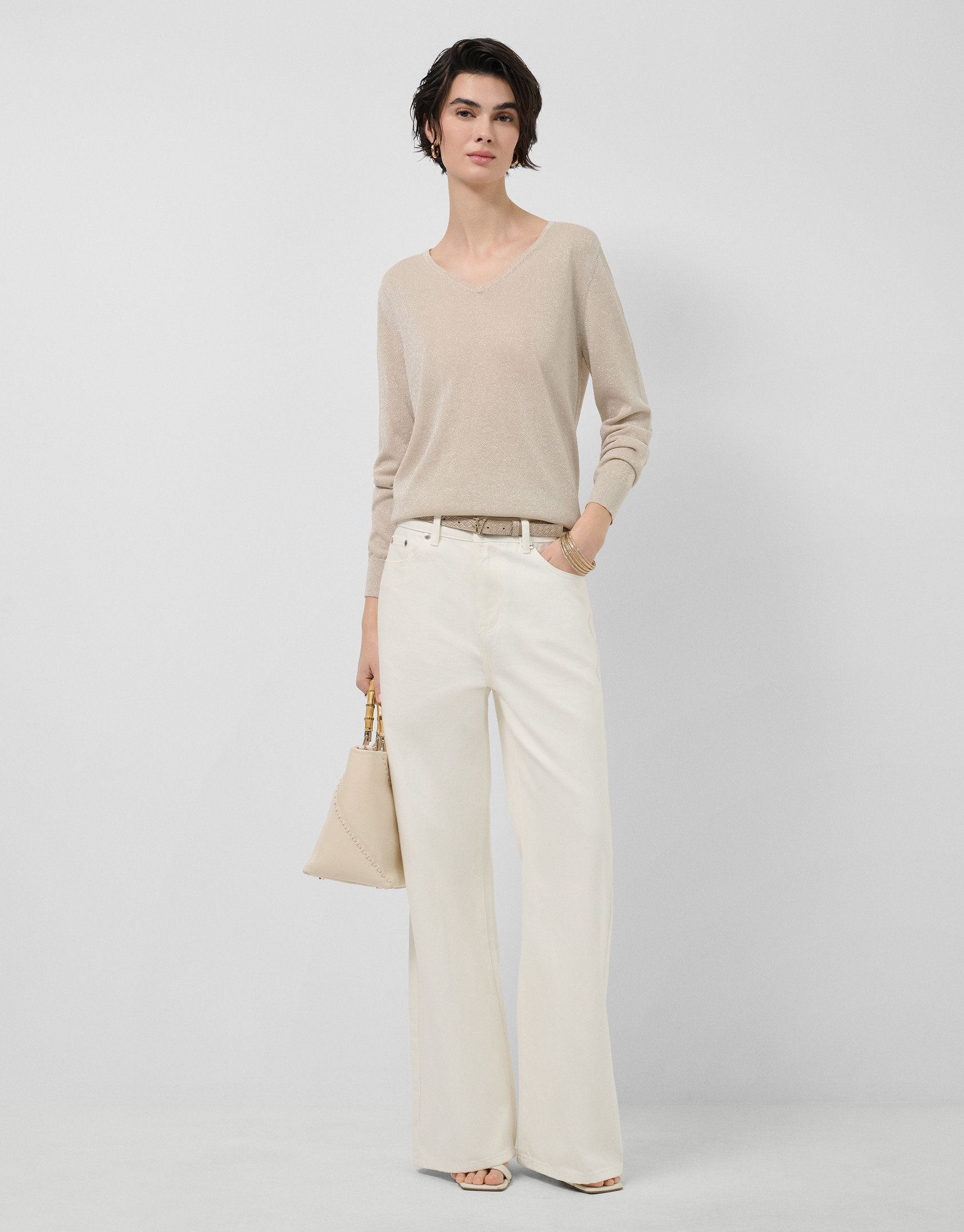 Beige fine V-neck jumper - Woman - SS2026 | Roberto Verino