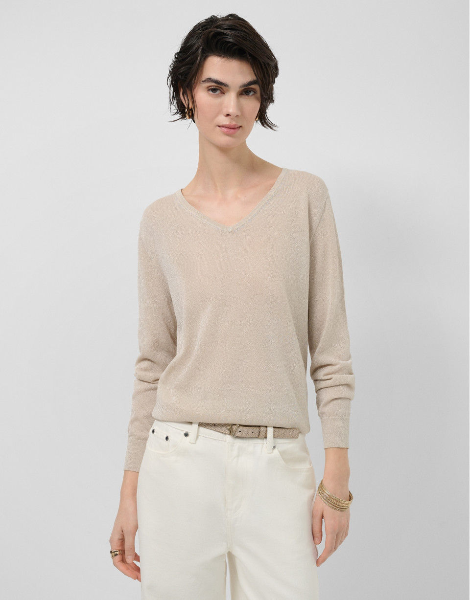 Beige fine V-neck jumper - Woman - SS2026 | Roberto Verino