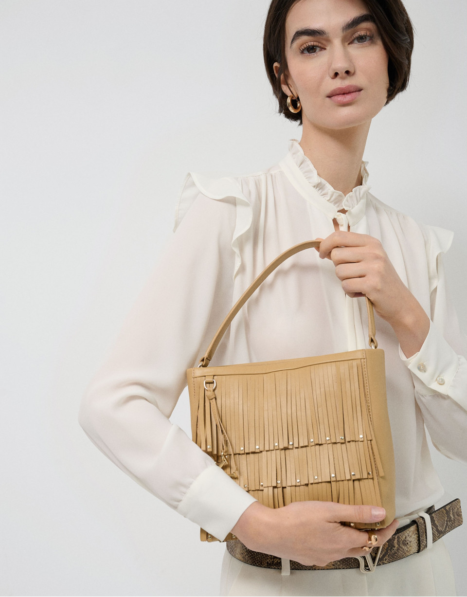 Bolso Bucket Chloe piel avellana con flecos | Roberto Verino