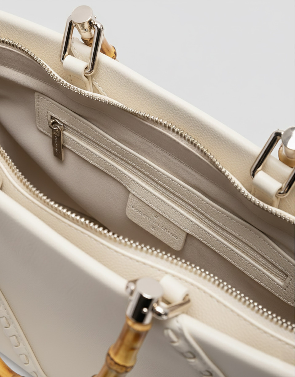 Clara Satchel handbag in ecru leather - Woman | Roberto Verino
