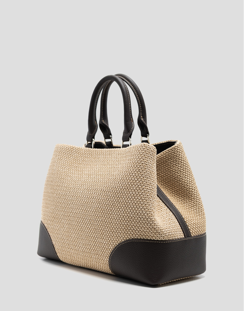 Bolso Vera Satchel beige y piel marrón - Mujer | Roberto Verino