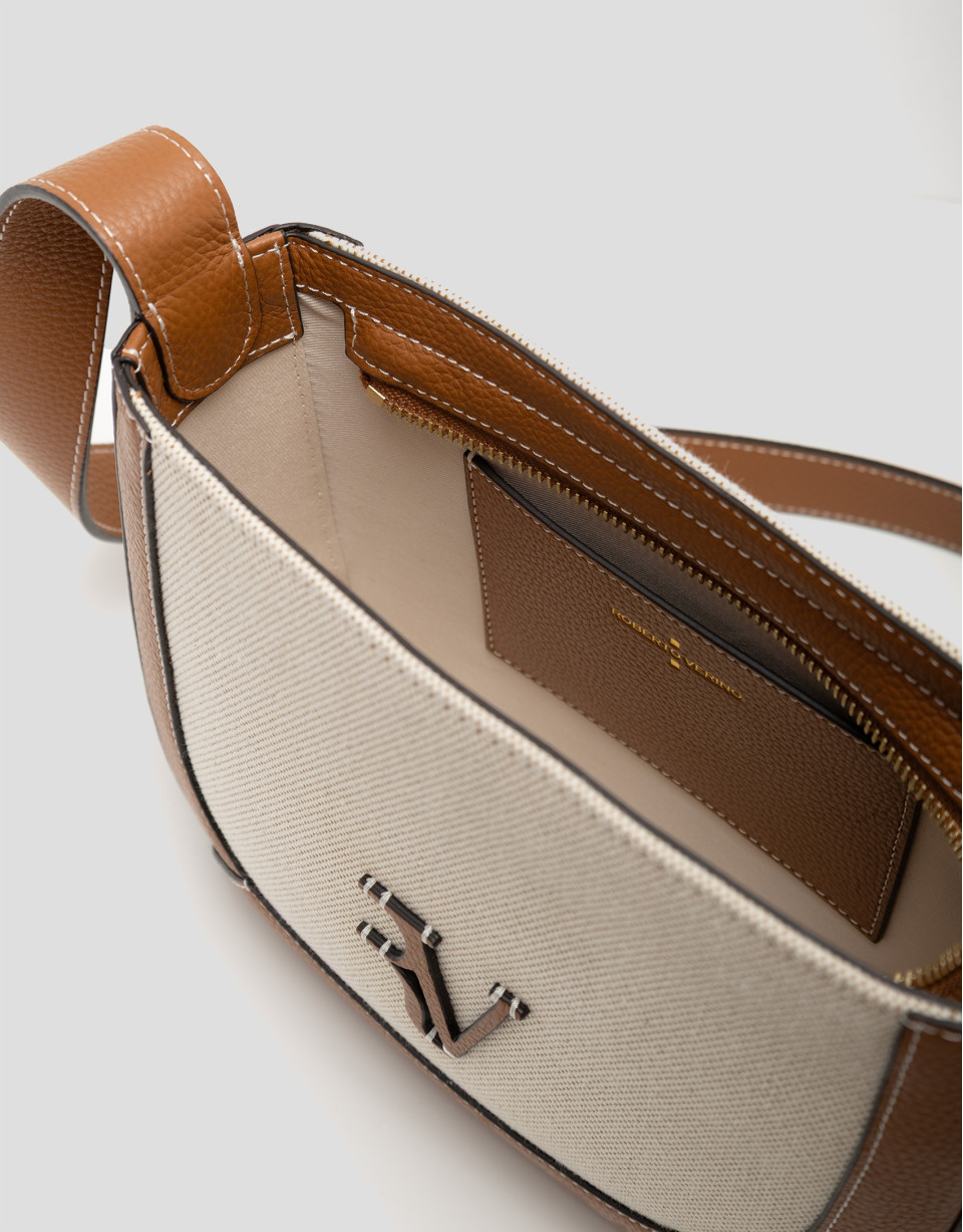 Bolso bandolera Iera Crossbag lona y piel cámel | Roberto Verino