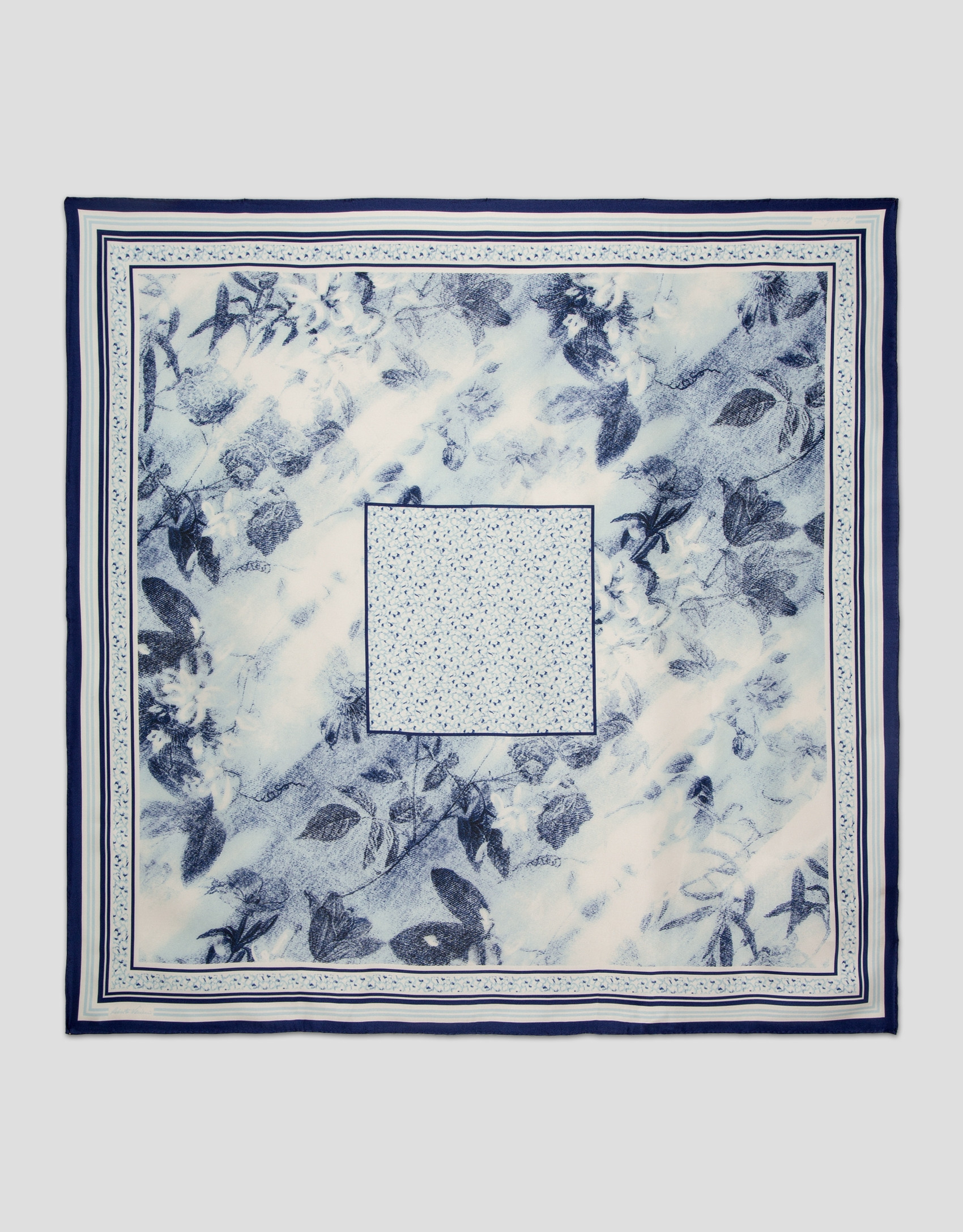 Silk scarf with blue floral print and check ... | Roberto Verino