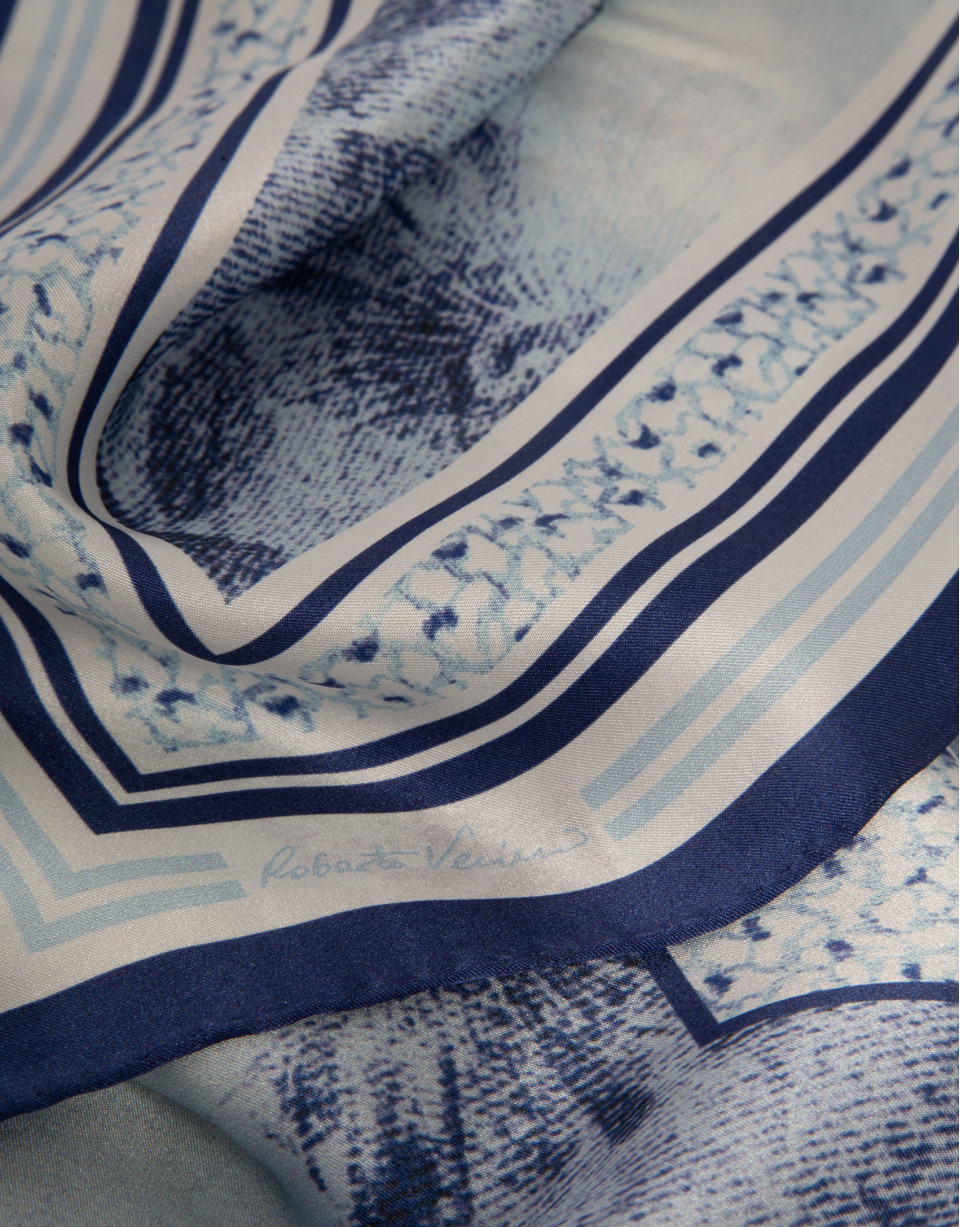 Silk scarf with blue floral print and check ... | Roberto Verino