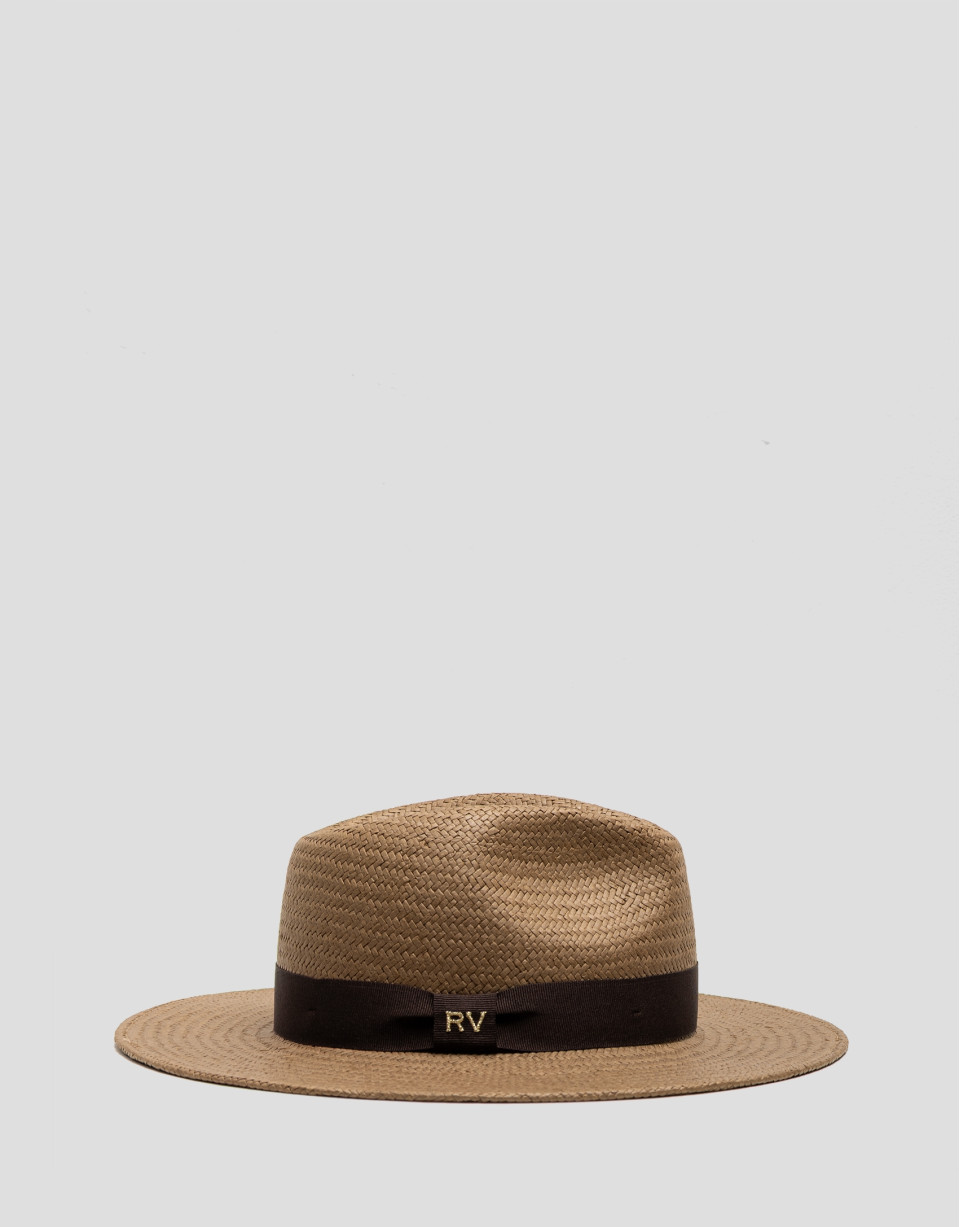 Toasted plant fibre hat with brown ribbon | Roberto Verino