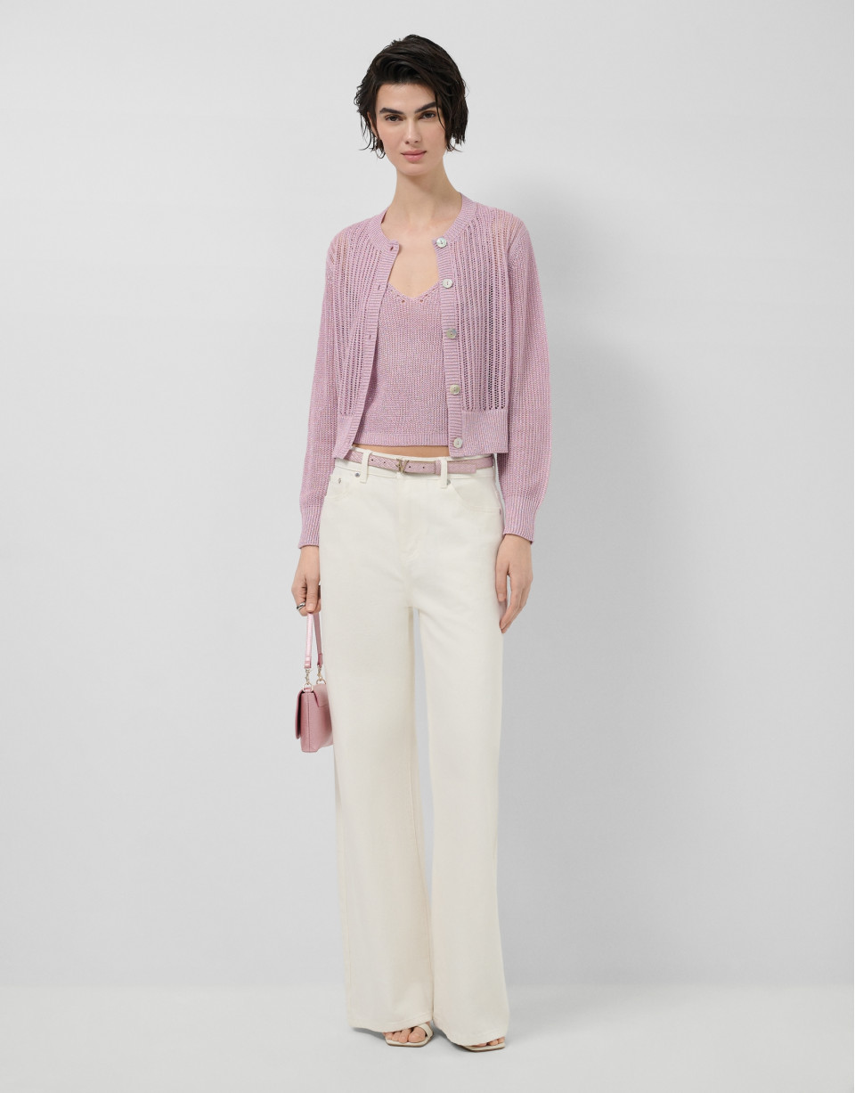 Short openwork knit cardigan with pink lurex | Roberto Verino