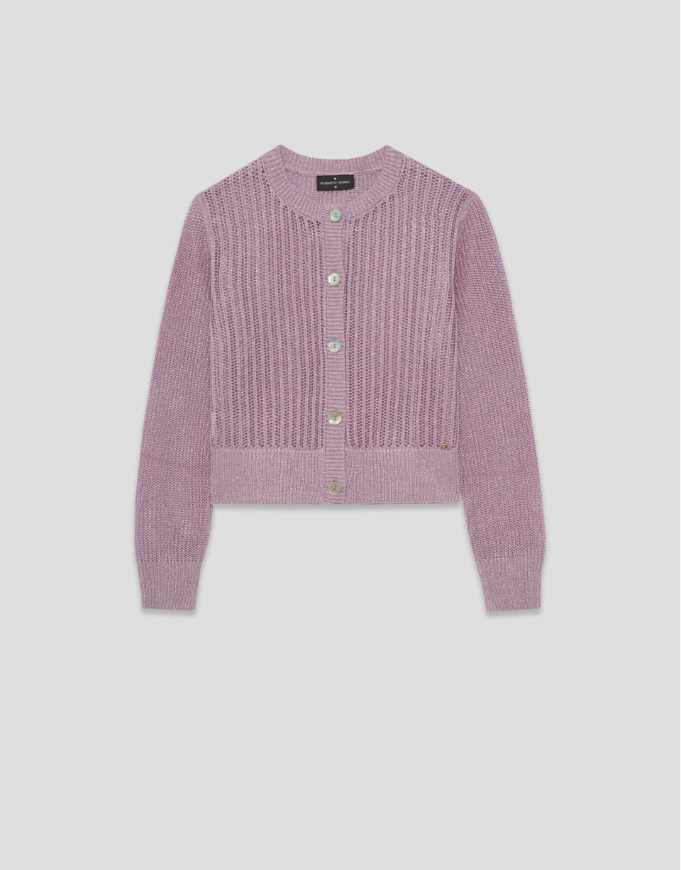 Short openwork knit cardigan with pink lurex | Roberto Verino