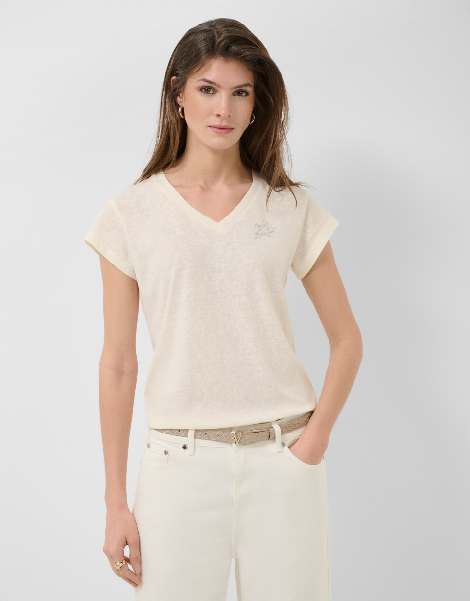 White lightweight cotton V-neck T-shirt - Woman | Roberto Verino