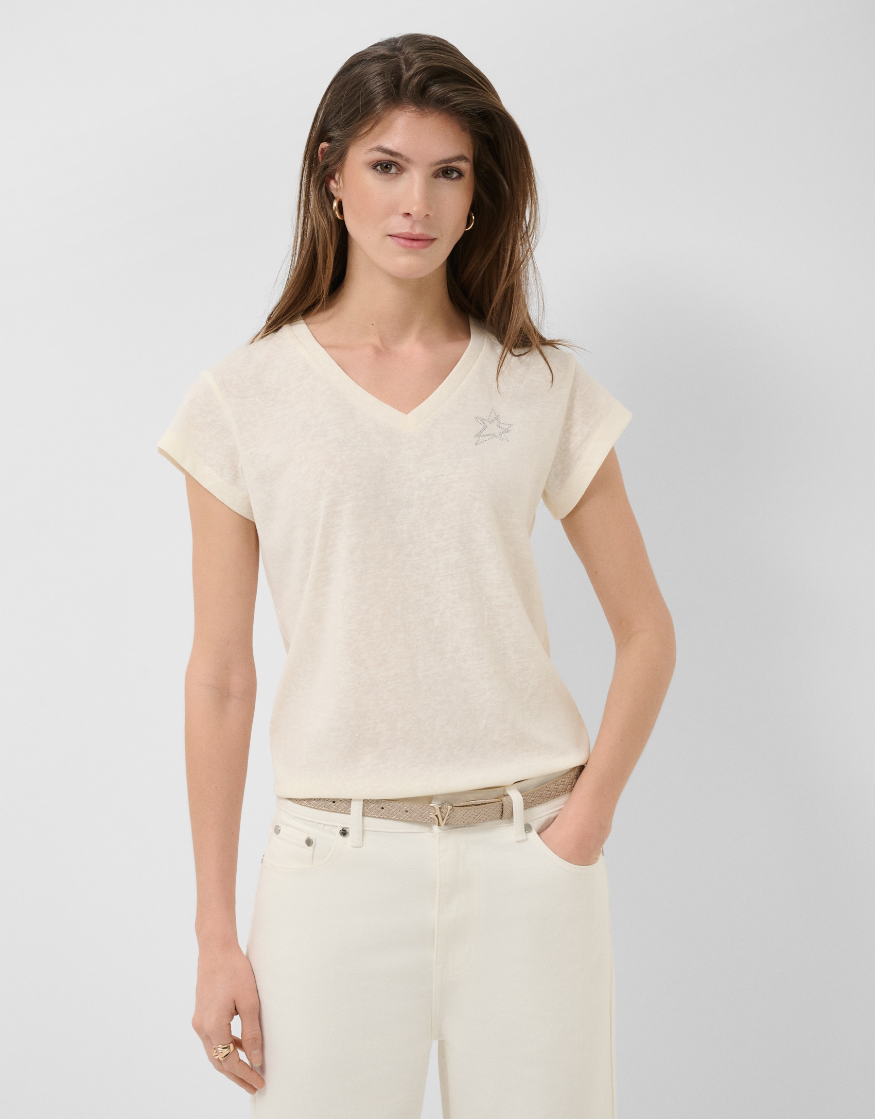 Camiseta cuello pico punto algodón ligero blanco | Roberto Verino