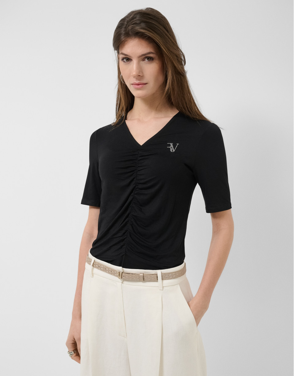 Camiseta manga corta negra con drapeado - Mujer | Roberto Verino