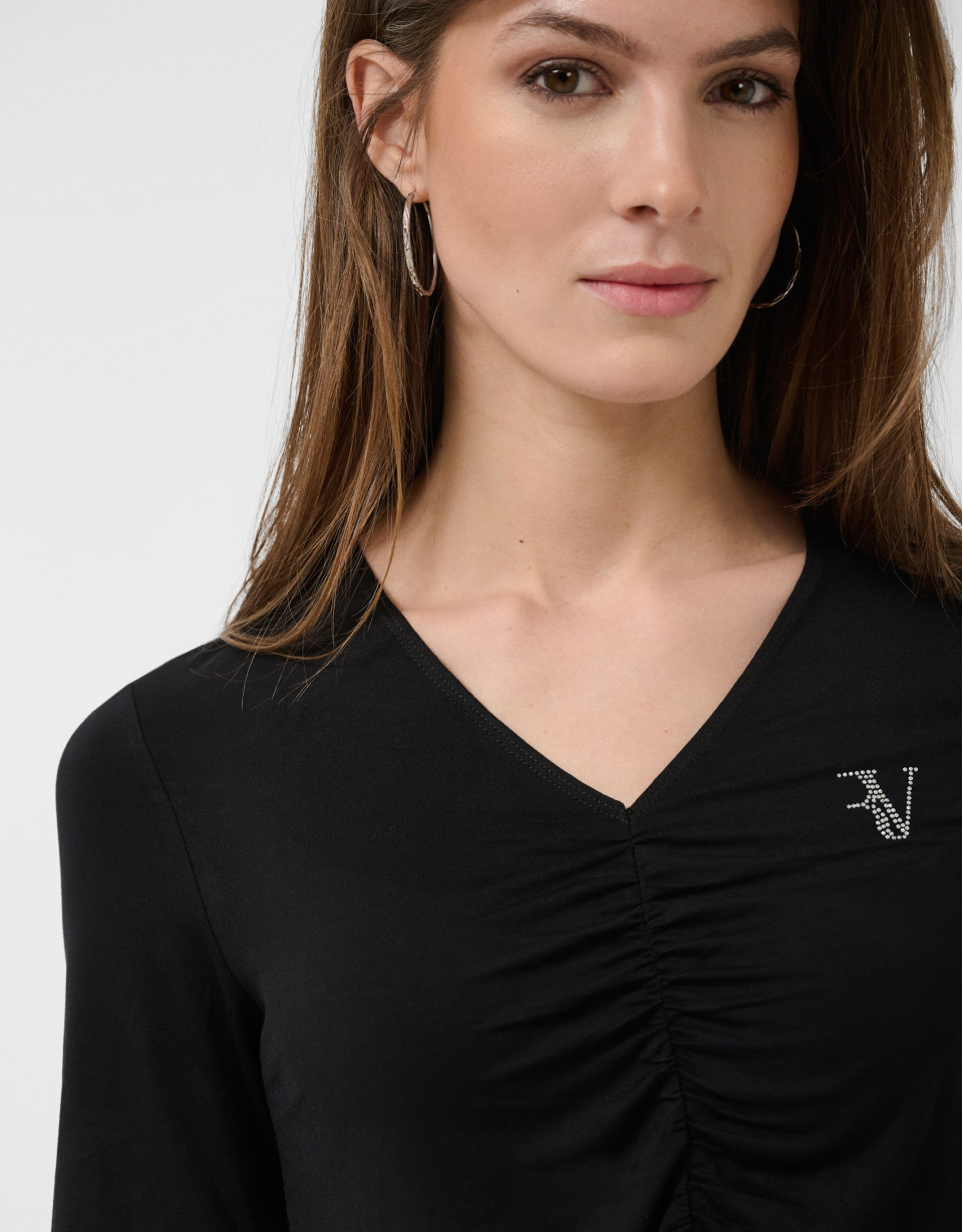 Black short-sleeved T-shirt with draping | Roberto Verino