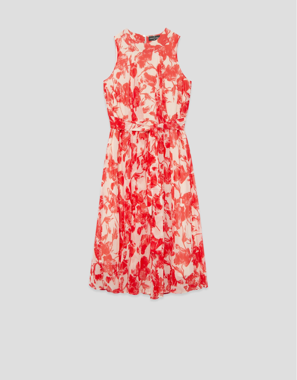 Beige midi dress with red floral print - Woman | Roberto Verino