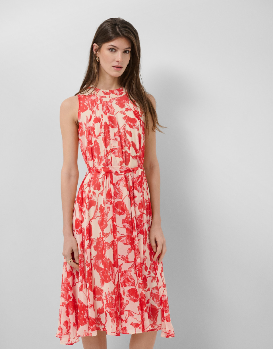 Vestido midi sin mangas beige estampado ... | Roberto Verino