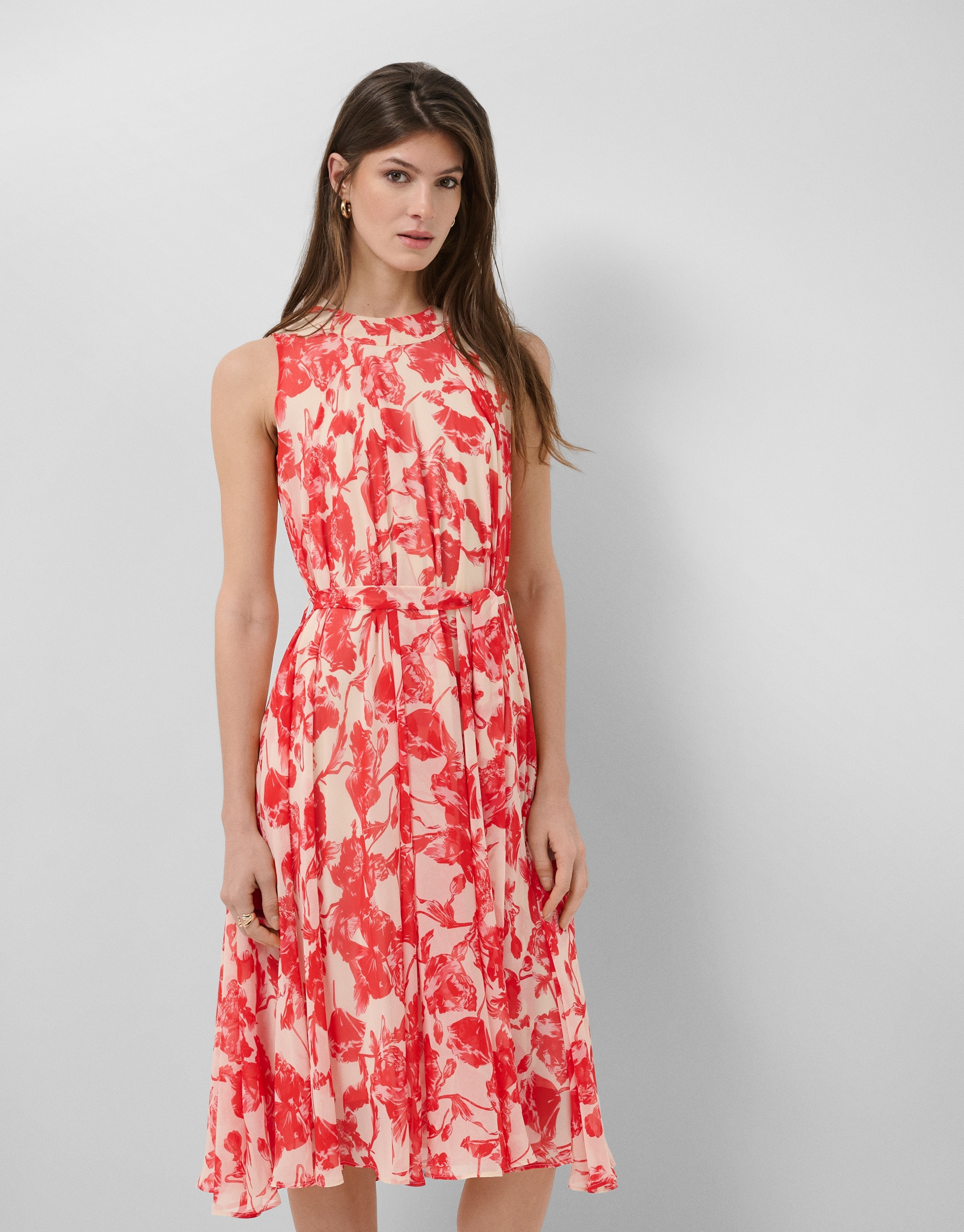 Vestido midi sin mangas beige estampado ... | Roberto Verino