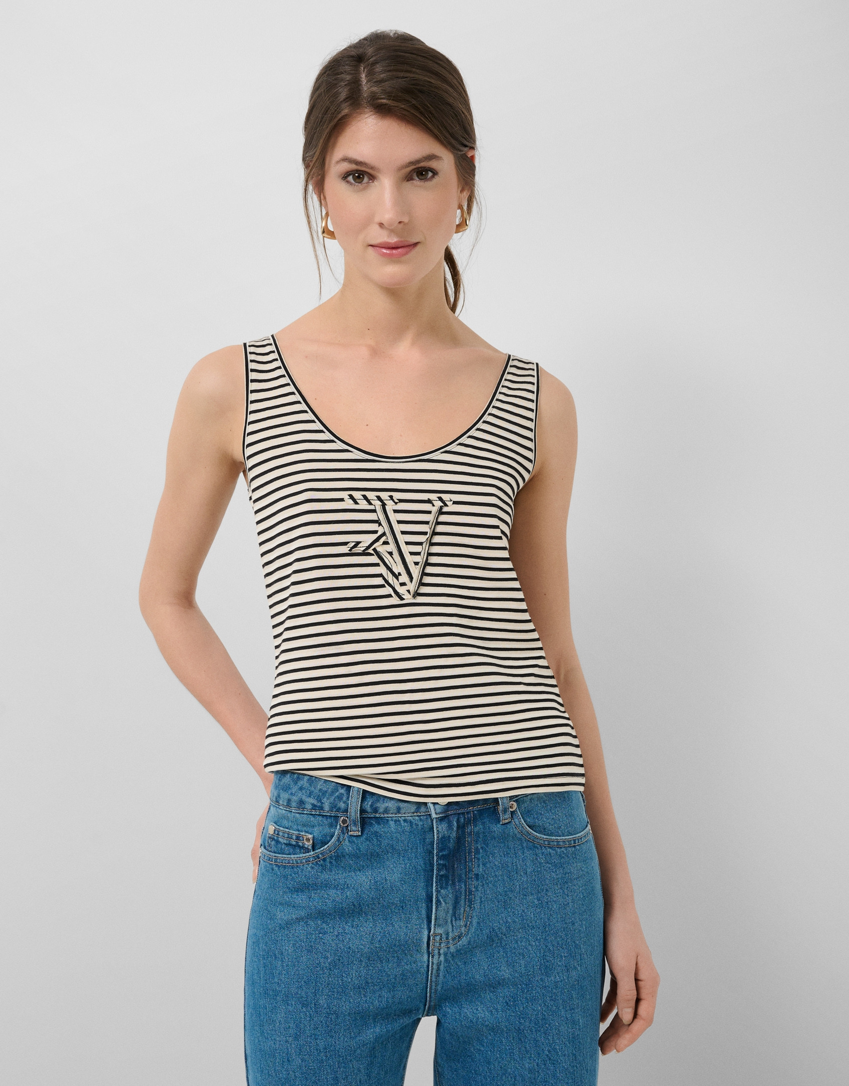 Beige/black striped tank top - Woman - SS2026 | Roberto Verino