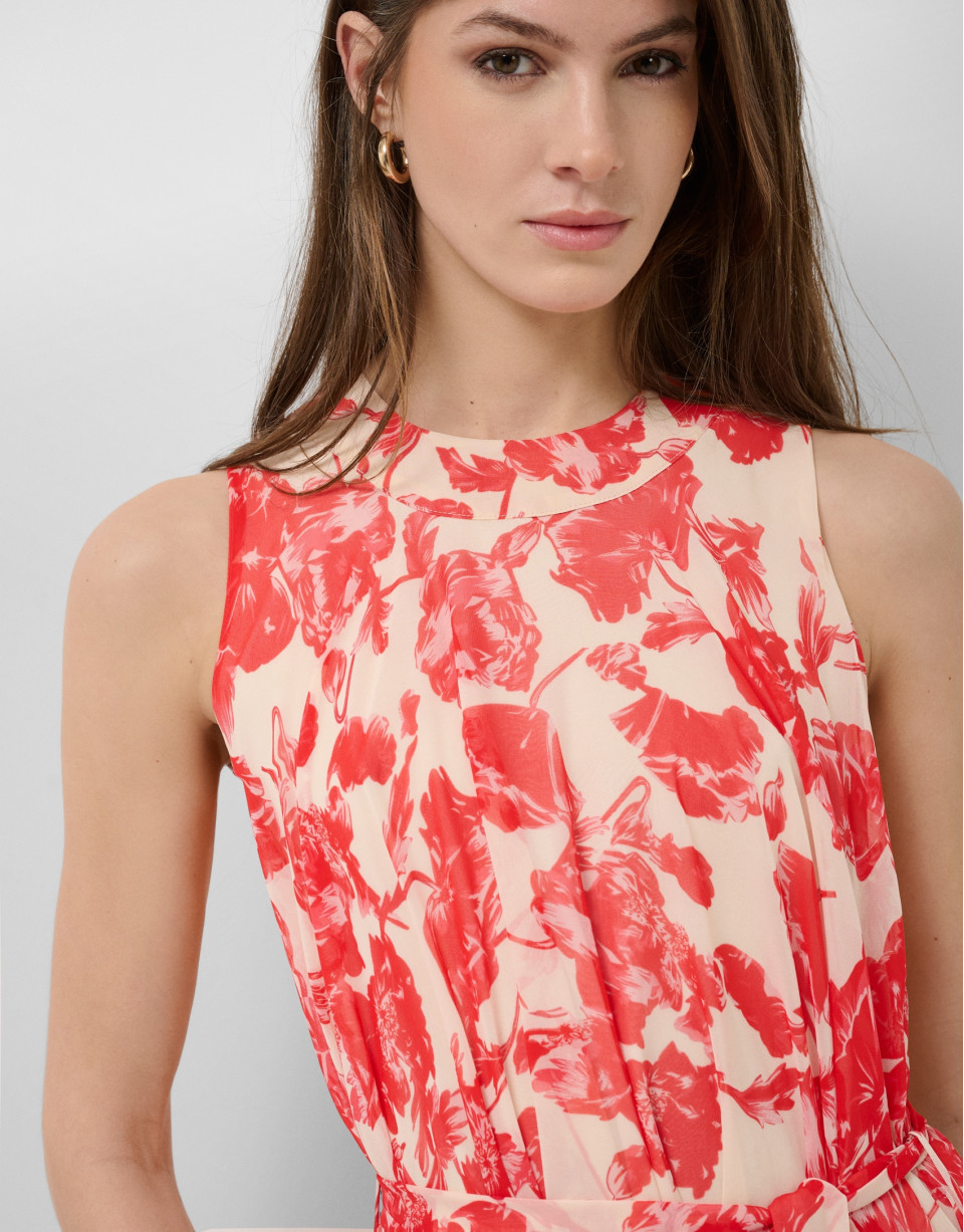 Beige midi dress with red floral print - Woman | Roberto Verino