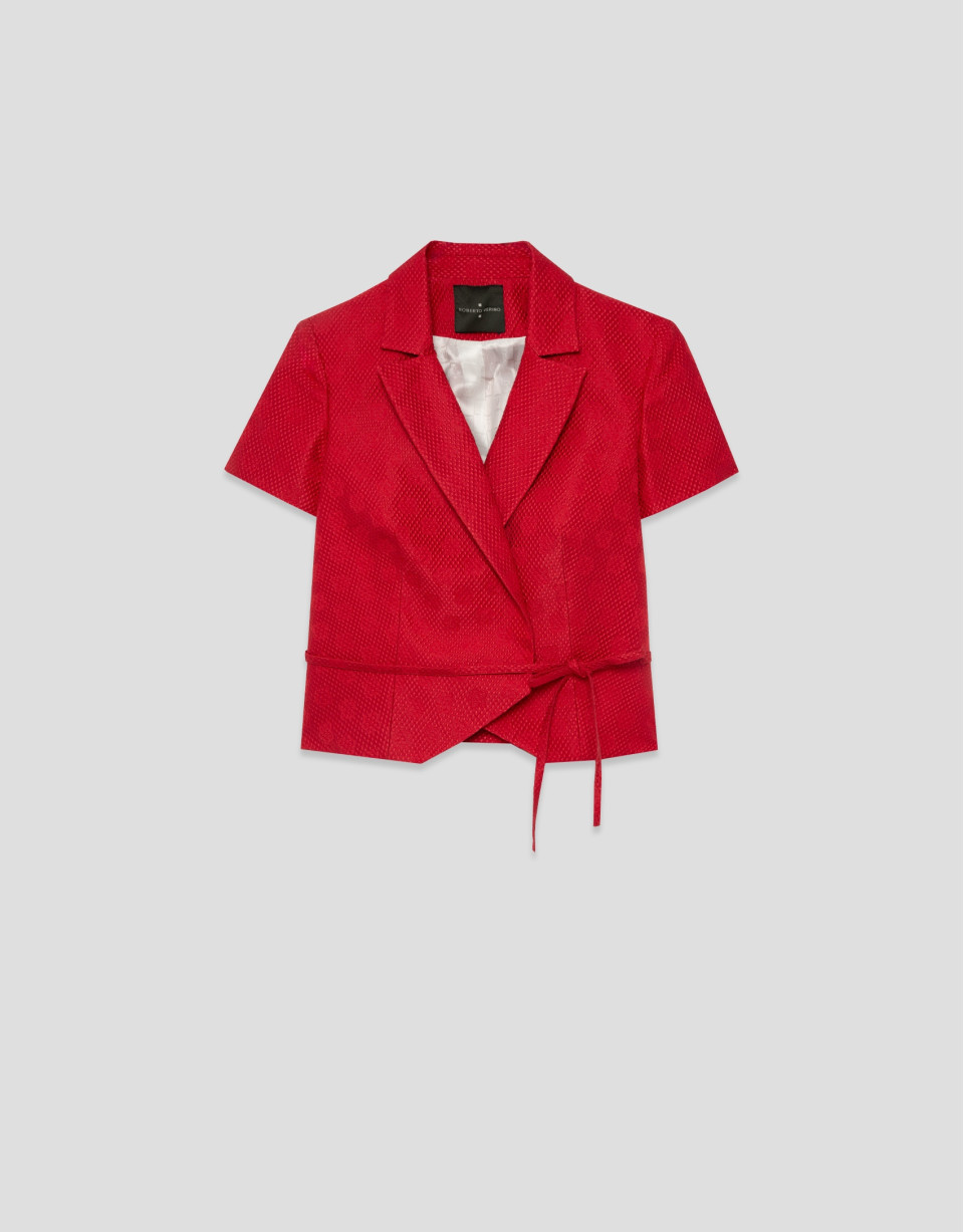 Short sleeveless jacket in red floral piqué ... | Roberto Verino