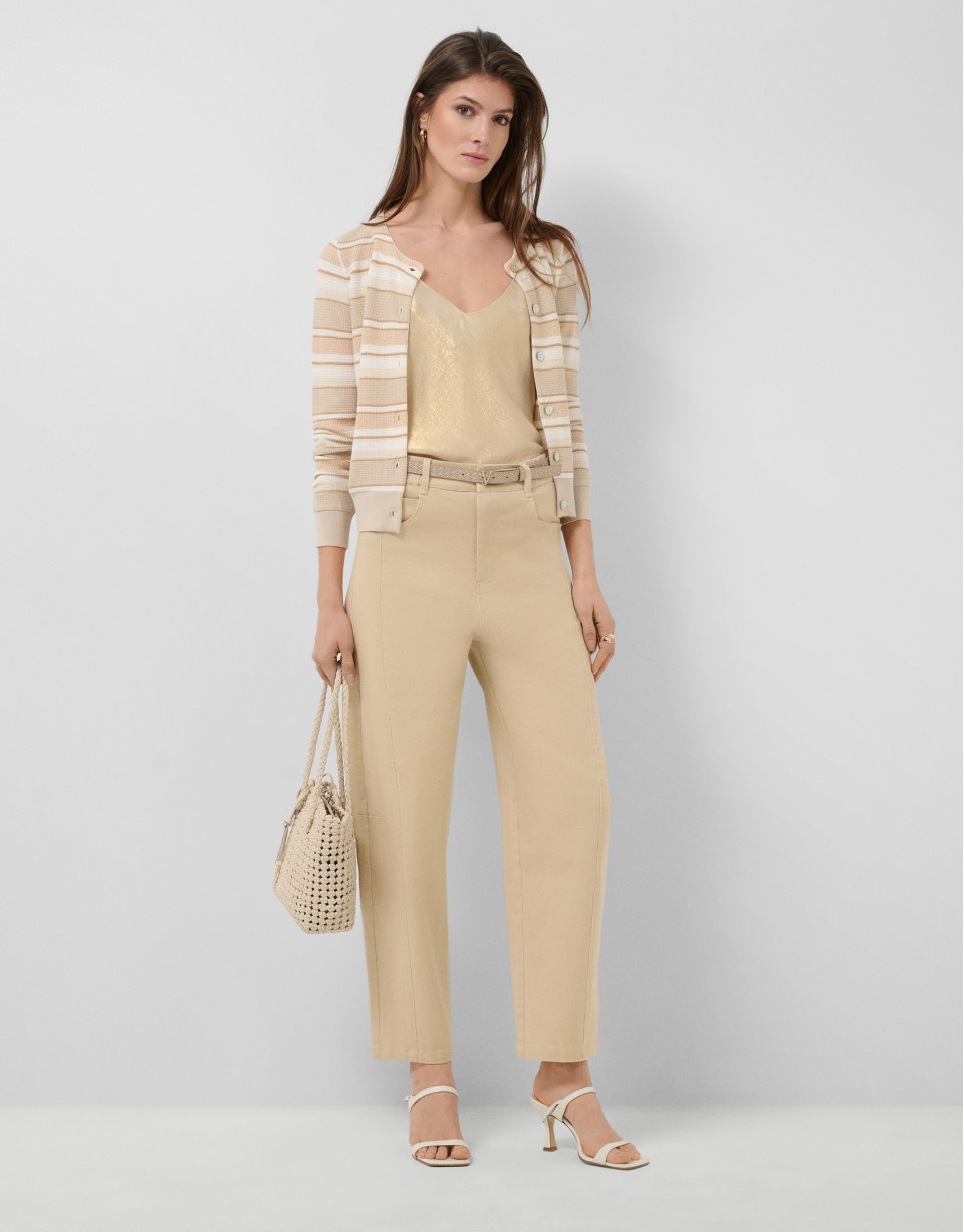 Camel-coloured horizontal striped knit cardigan | Roberto Verino