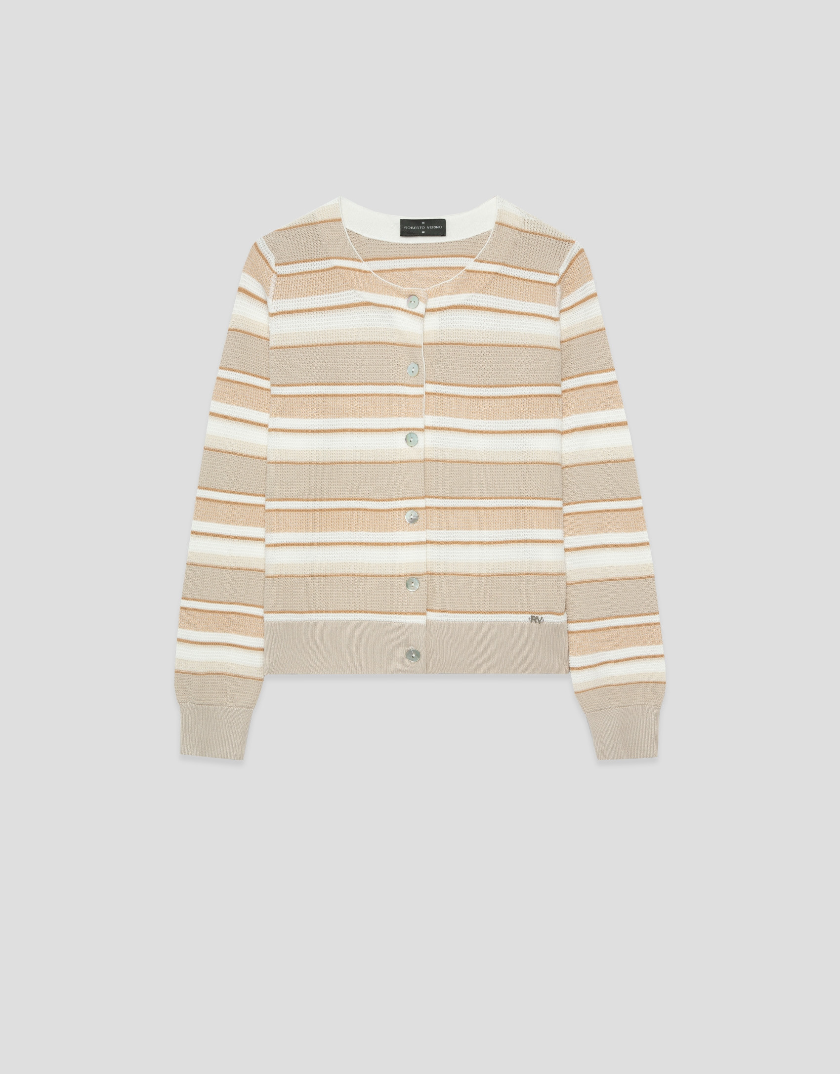Camel-coloured horizontal striped knit cardigan | Roberto Verino