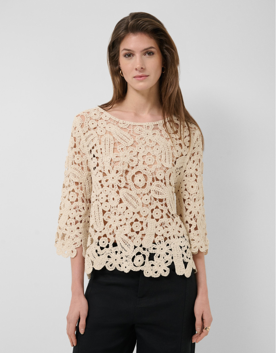Beige openwork knit jumper - Woman - SS2026 | Roberto Verino