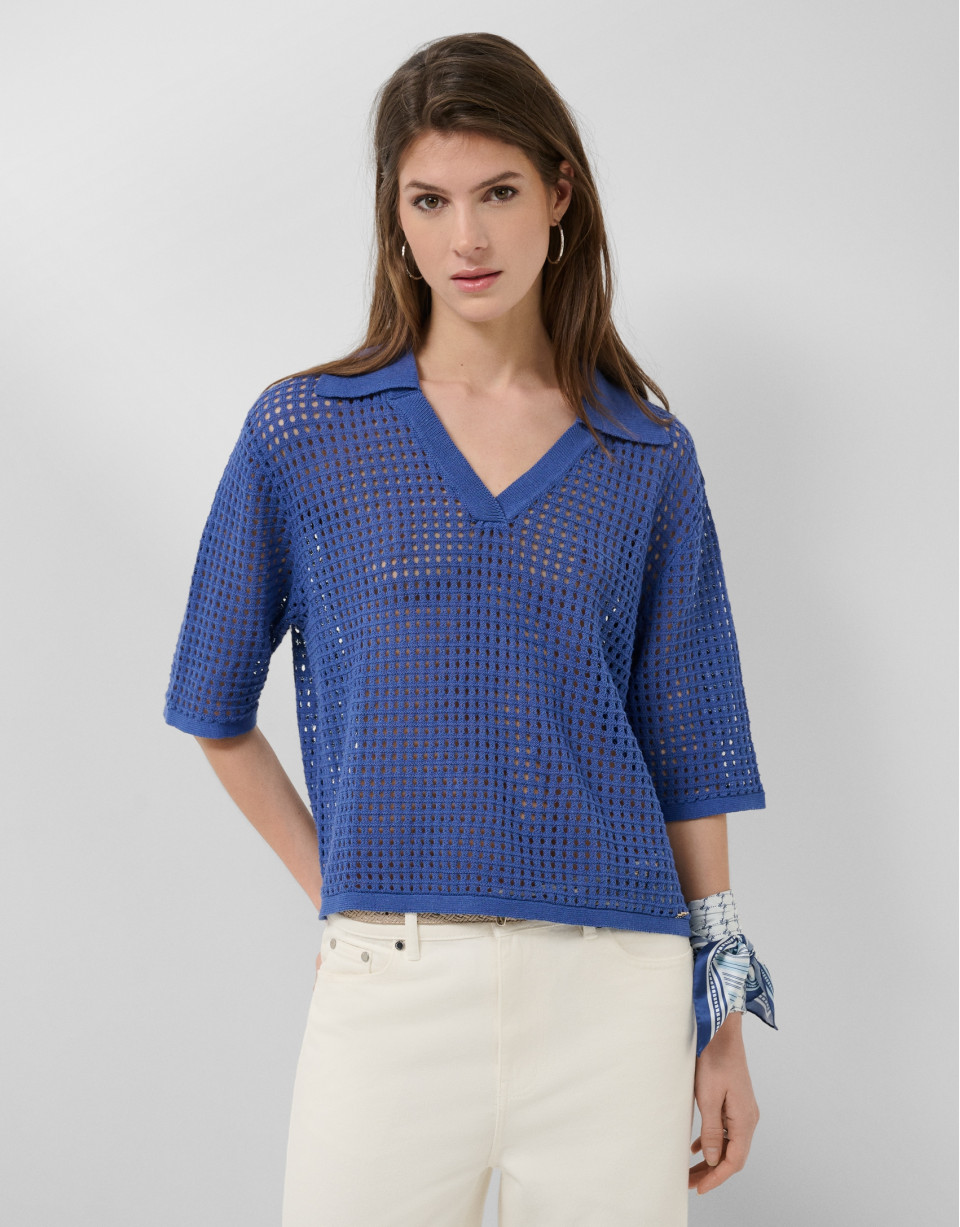 Blue openwork polo jumper - Woman - SS2026 | Roberto Verino
