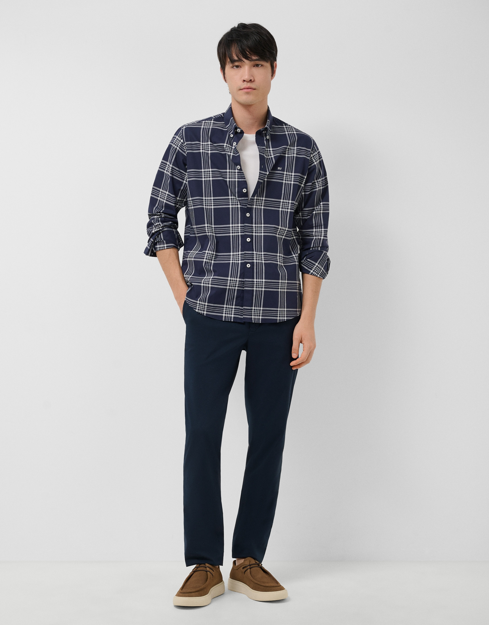 Regular navy blue checked shirt with white trim | Roberto Verino