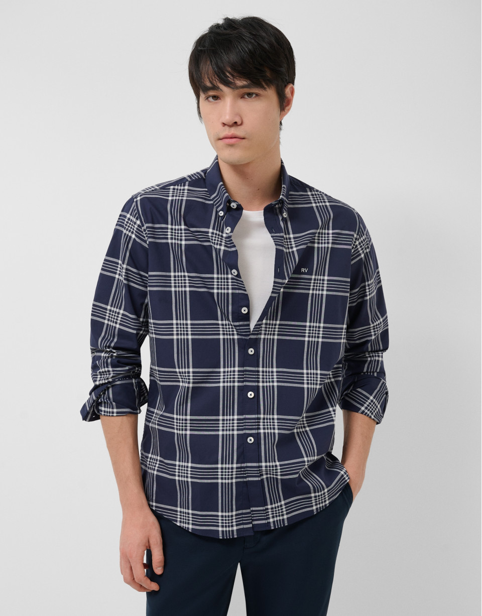 Regular navy blue checked shirt with white trim | Roberto Verino