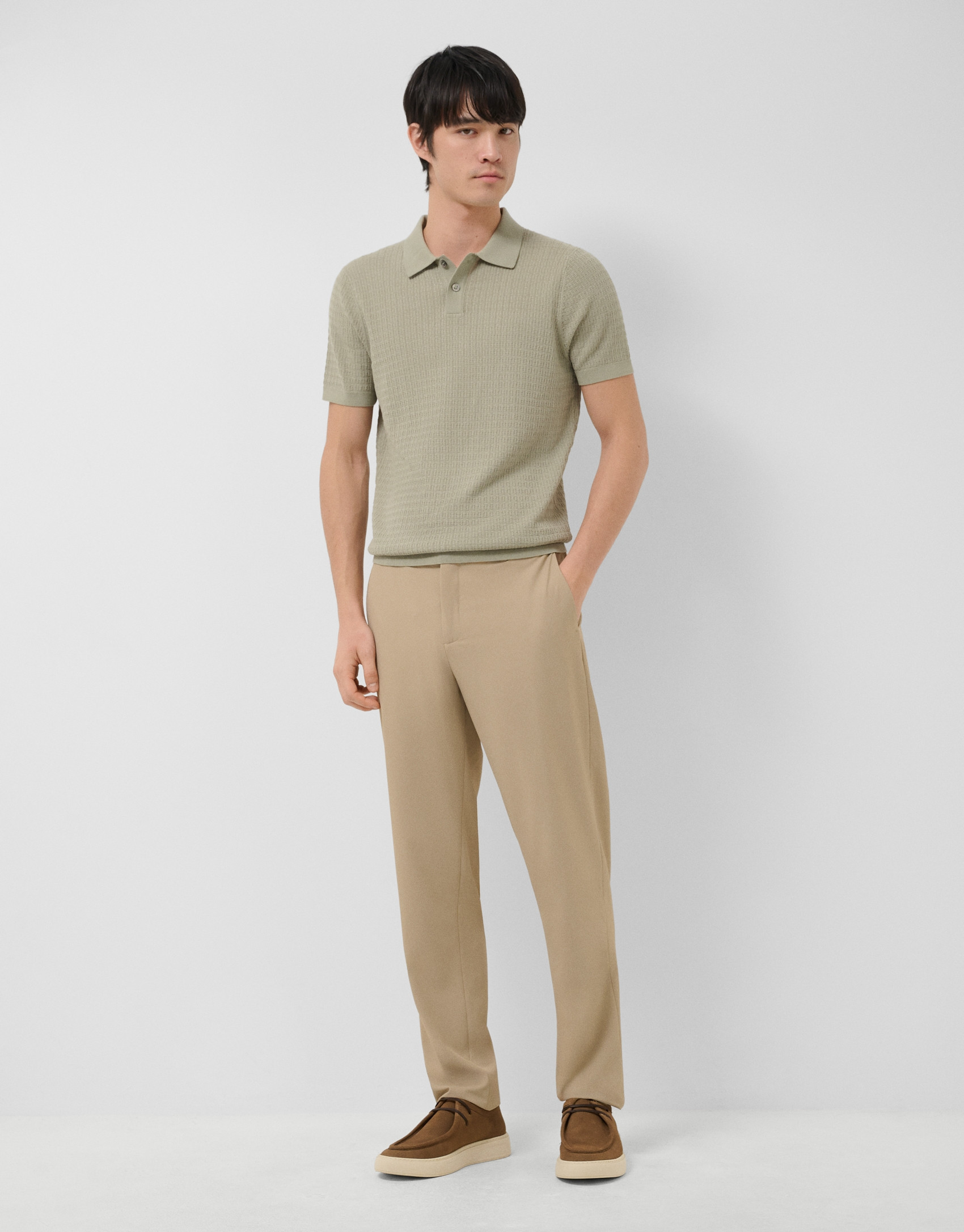 Light khaki structured knitted polo shirt - Man | Roberto Verino