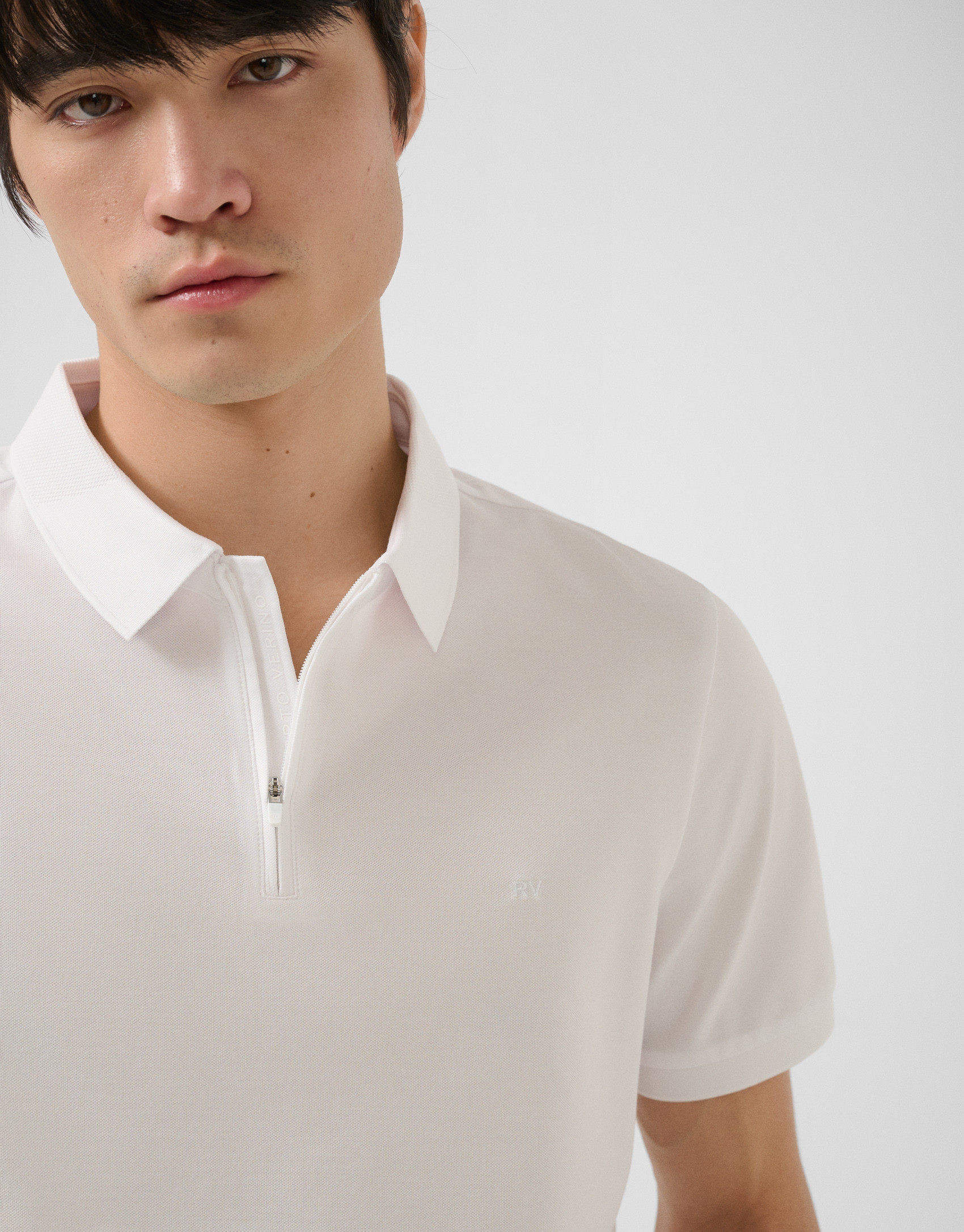 White technical piqué polo shirt with zip - Man | Roberto Verino