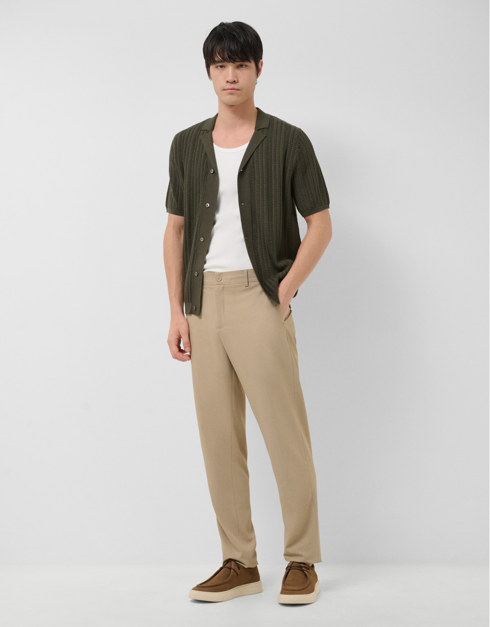 Dark khaki herringbone knit open polo shirt | Roberto Verino