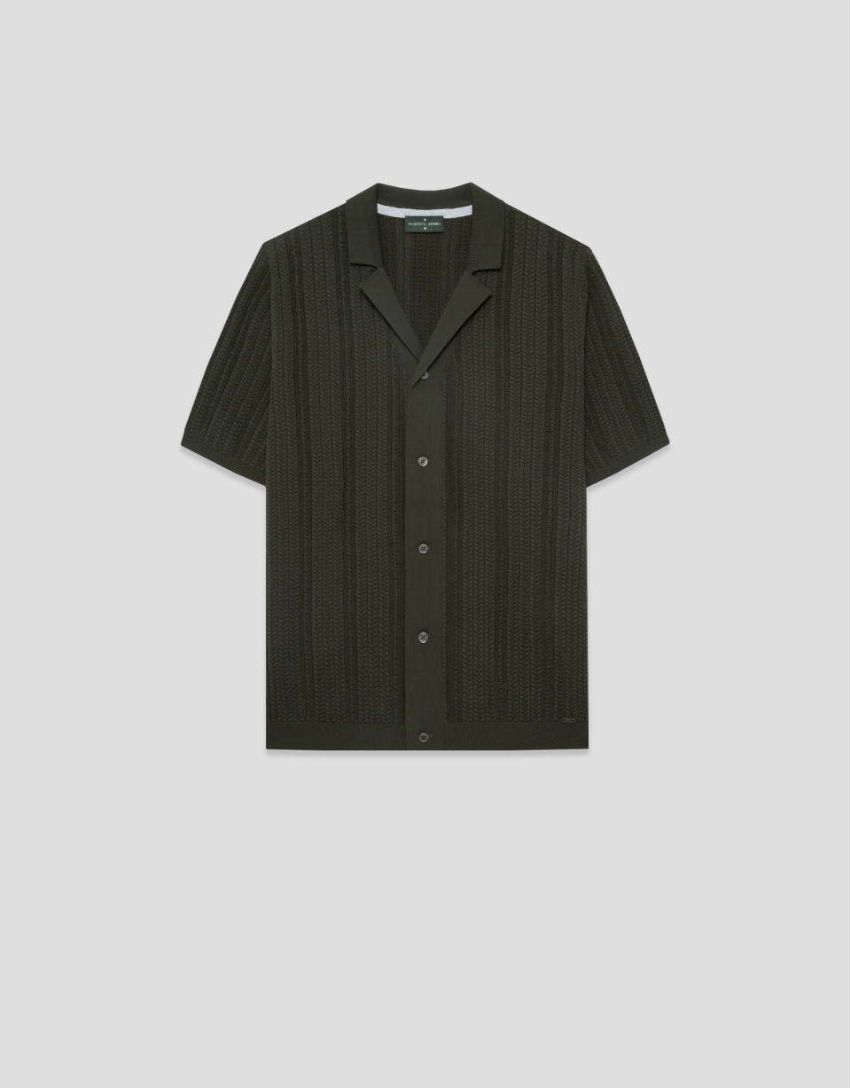 Dark khaki herringbone knit open polo shirt | Roberto Verino