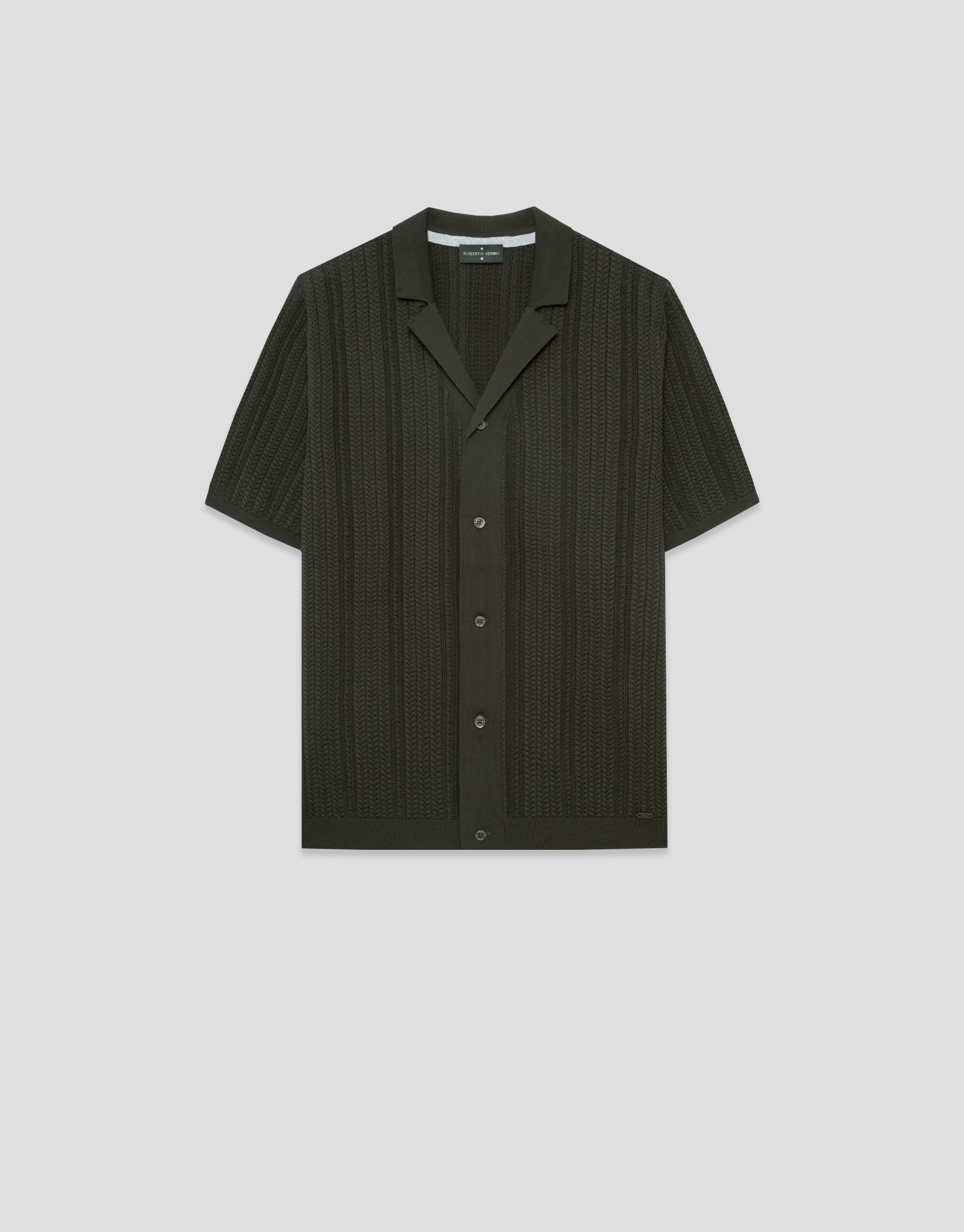 Dark khaki herringbone knit open polo shirt | Roberto Verino